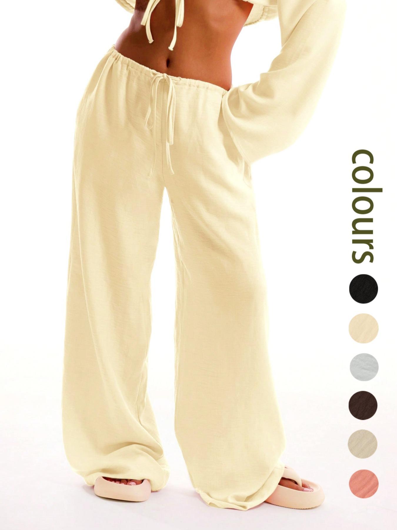 Women's Solid Pocket Pants, Casual Comfy Wide Leg Woven Trousers for Beach Vacation Holiday, Ladies Bottoms for All Seasons, Baggy Legged Pants, Fit