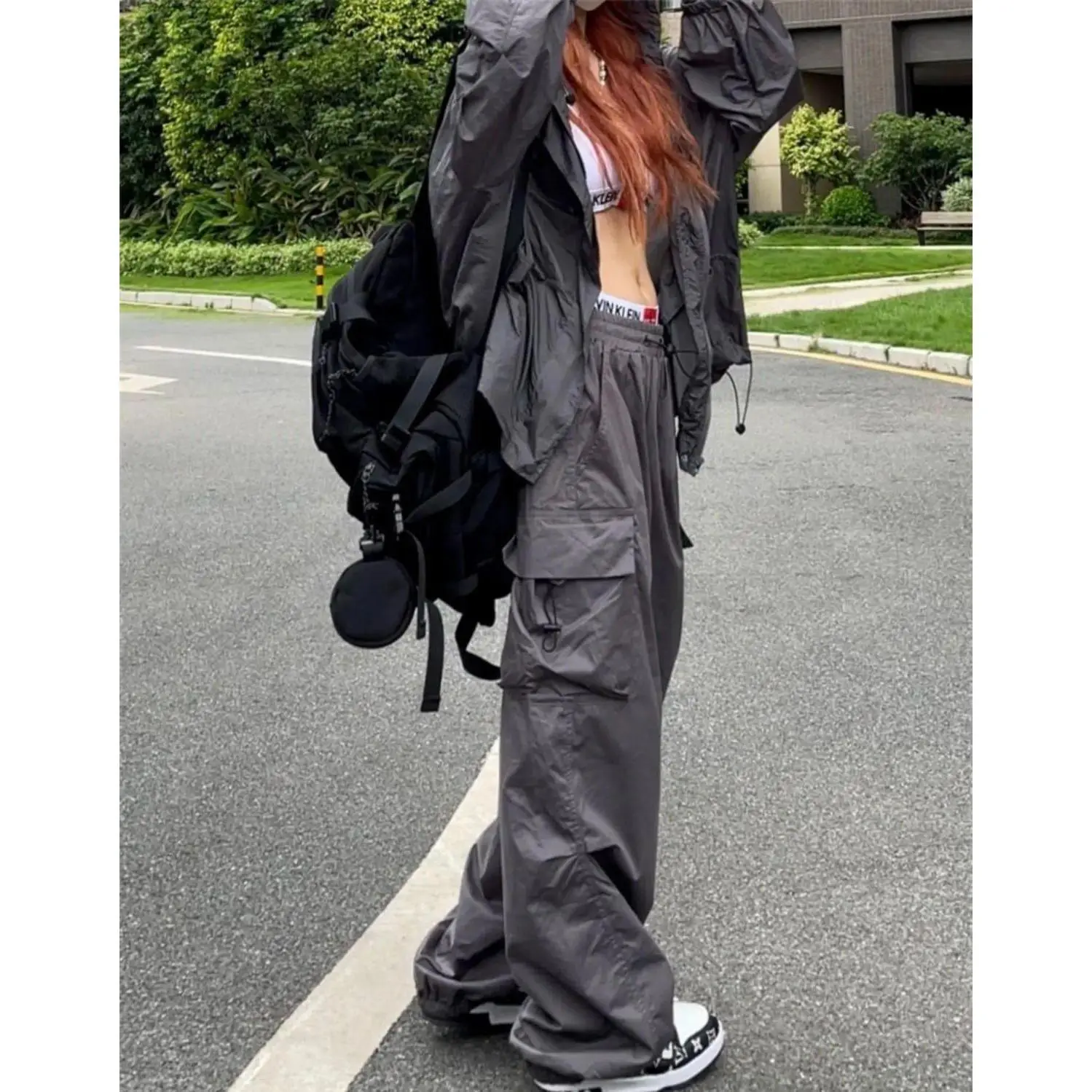 Y2K Parachute Black Pants Women Hippie Streetwear Oversize Pockets Cargo Trousers Harajuku Wide Leg Baggy Sweatpants