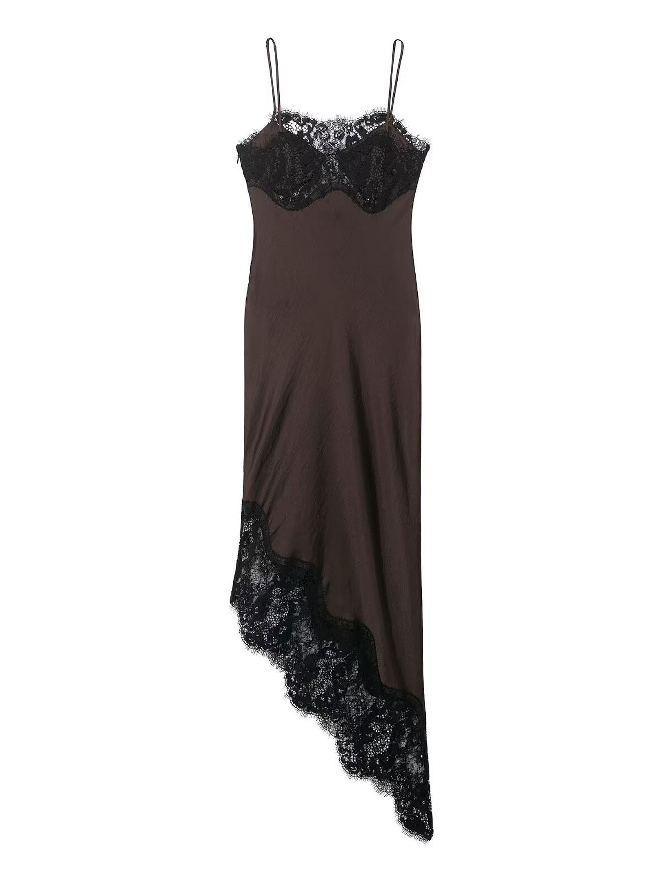 Women's Asymmetric Lace Satin Midi Dress, Chocolate Olive Thin Straps, Lace Trim and Silk Aesthetic, Spring Summer Fashion