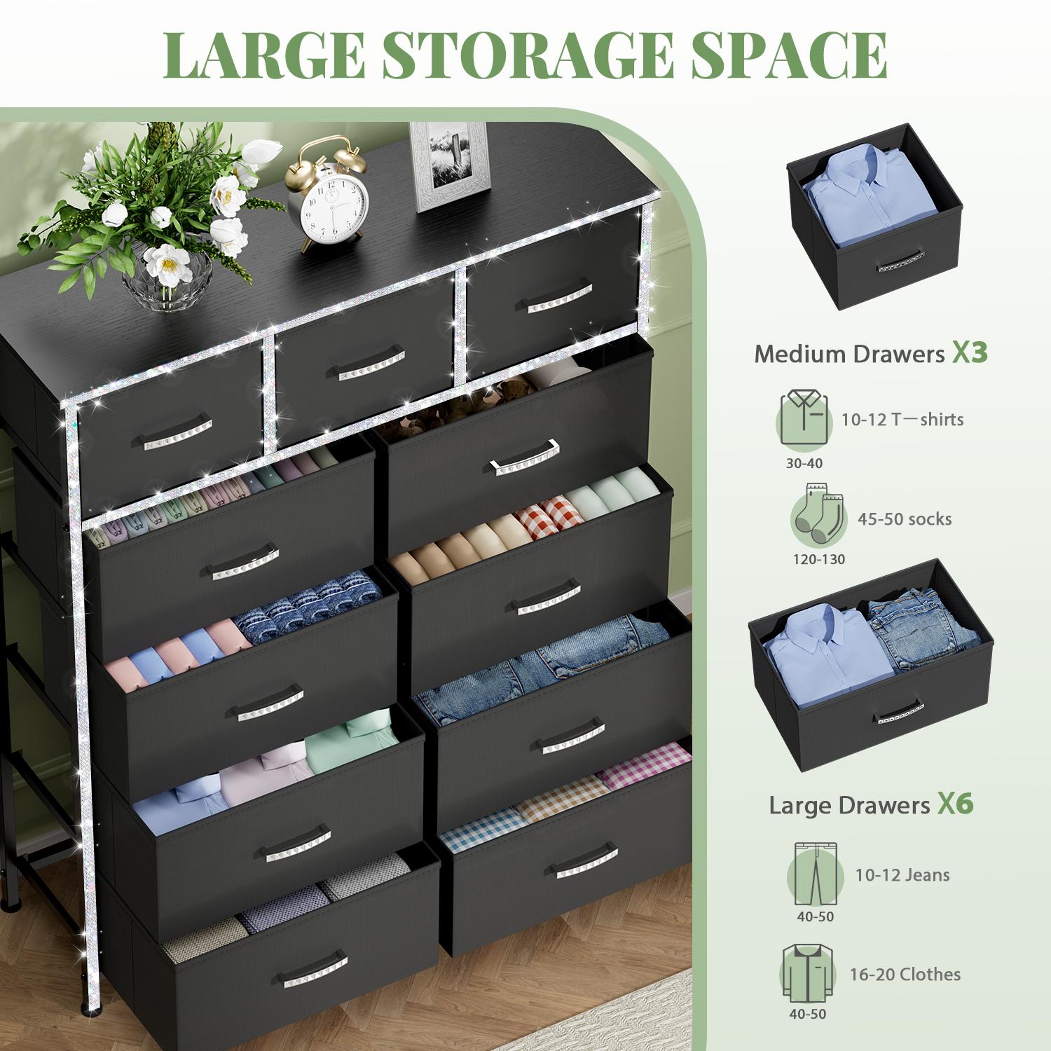 【Prime Day】9 Drawer Dresser for Bedroom, Storage Organizer with 9 Drawers, Chest of Drawers with Fabric Bins, Sturdy Metal Frame, Wood Tabletop for Guest Room, Closet, Entryway, Nursery
