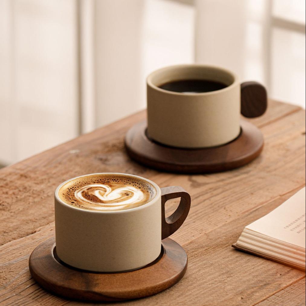 Vintage Ceramic Coffee Cup Set with Tray, Classic Straight Mouth Design, Heat-Resistant Handmade Mug, Large Floral Cup for Home and Cafe