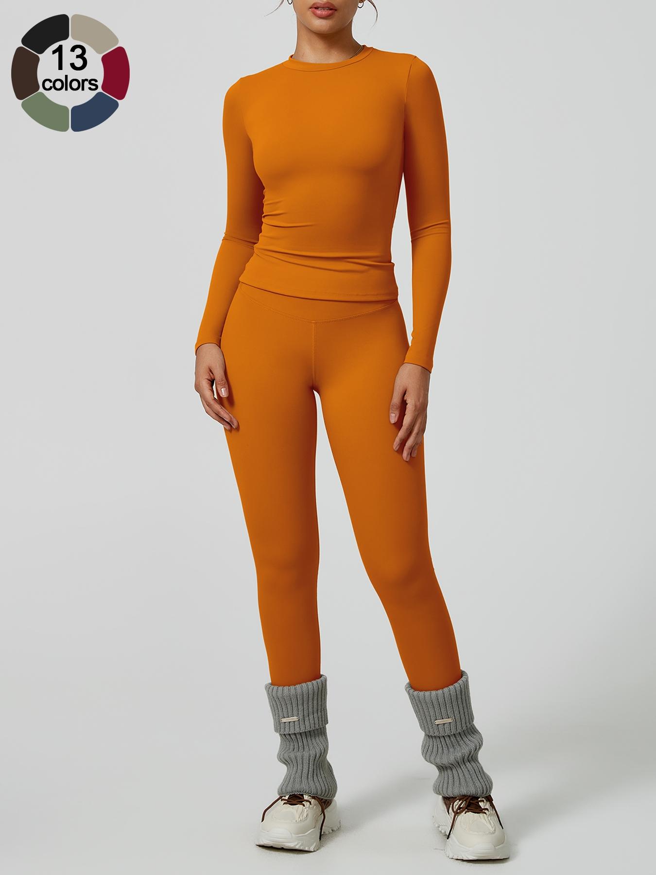 Women's Solid Long-Sleeve Tee & High-Waist Leggings Set, Sporty Round Neck Top & Skinny Pants 2-Piece Set for Gym Workout and Running, Ladies Fall & Winter Sportswear, Sports Fitness Wear, Workout Running Outfits