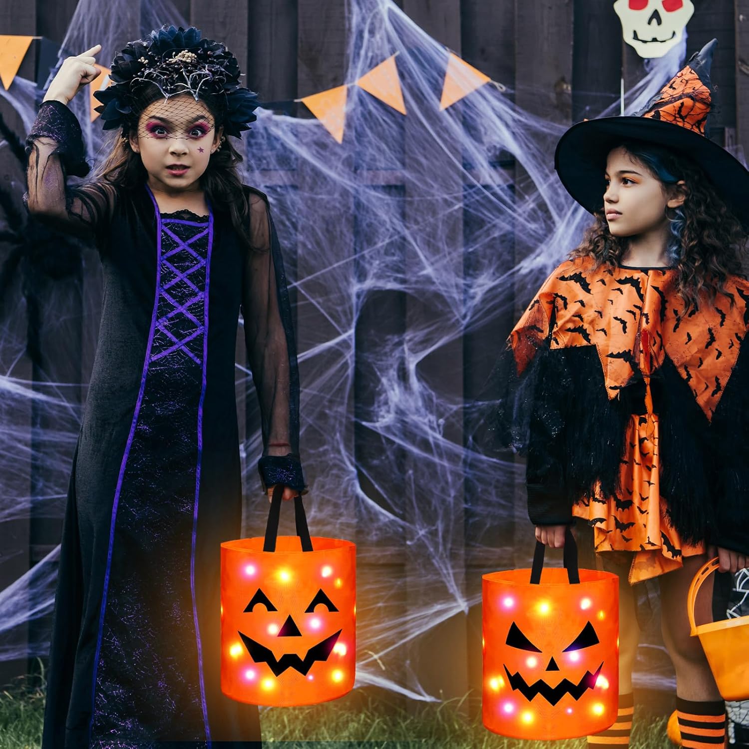 4 Pcs Halloween Candy Bucket with LED Lights Trick or Treat Bags Pumpkin Candy Bags Reusable Tote Bags for Students Adults,Night Light Bags for Home Garden Lawn Decorations,Halloween  inside decor Birthday Christmas Party Favor Supplies