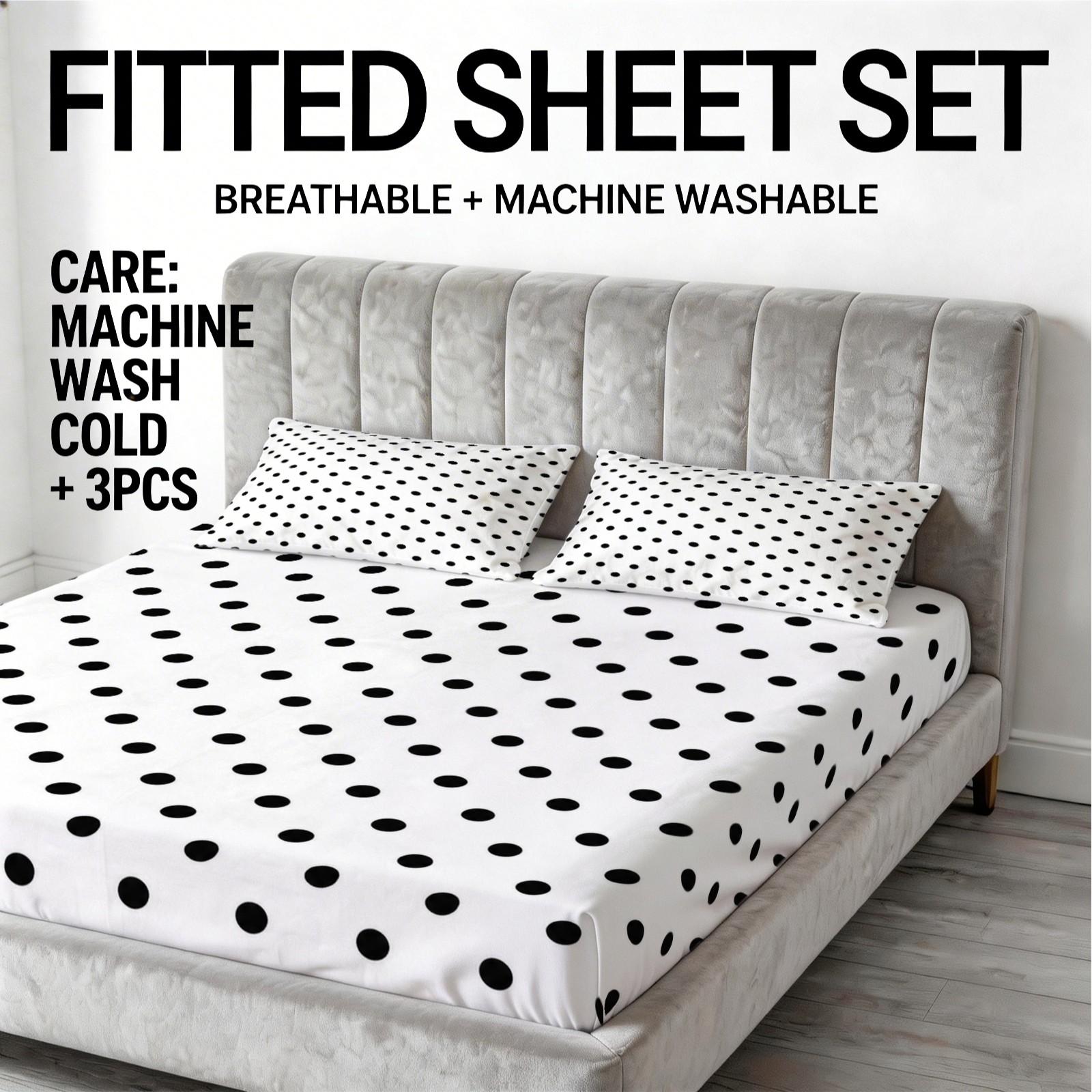 Polka Dot Fitted Sheet Set, 3 Pieces (1 Fitted Sheet + 2 Pillowcases, No Pillow Insert Included), Classic Minimalist Style, Breathable and Comfortable Fabric, Suitable for Teens and Adults Bedroom Decor, Perfect for Family Use