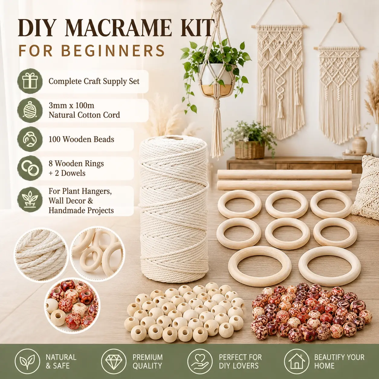 DIY Macrame Kit for Beginners, 3mm x 100m Natural Cotton Cord with 100 Wooden Beads, 8 Wooden Rings and 2 Dowels, Complete Macrame Supplies for Plant Hangers, Wall Hanging, Tapestry, Boho Home Decor and Handmade Craft Projects Decorations