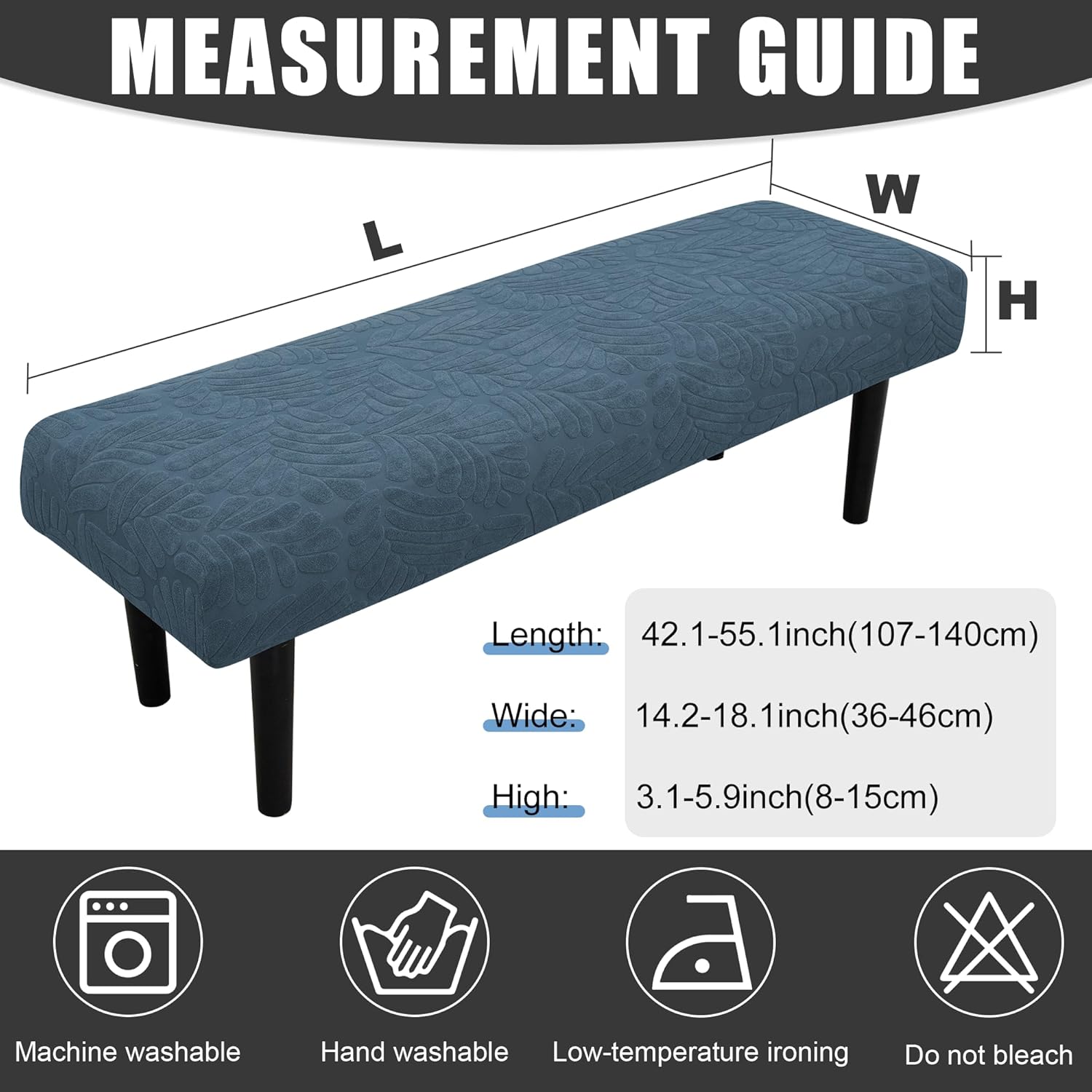 Stretch Bench Seat Cover,  Slipcover for Dining Room & Bedroom, Removable Washable Rectangular Bench Covers, Elastic Fit for  Furniture(Leaf Blue)