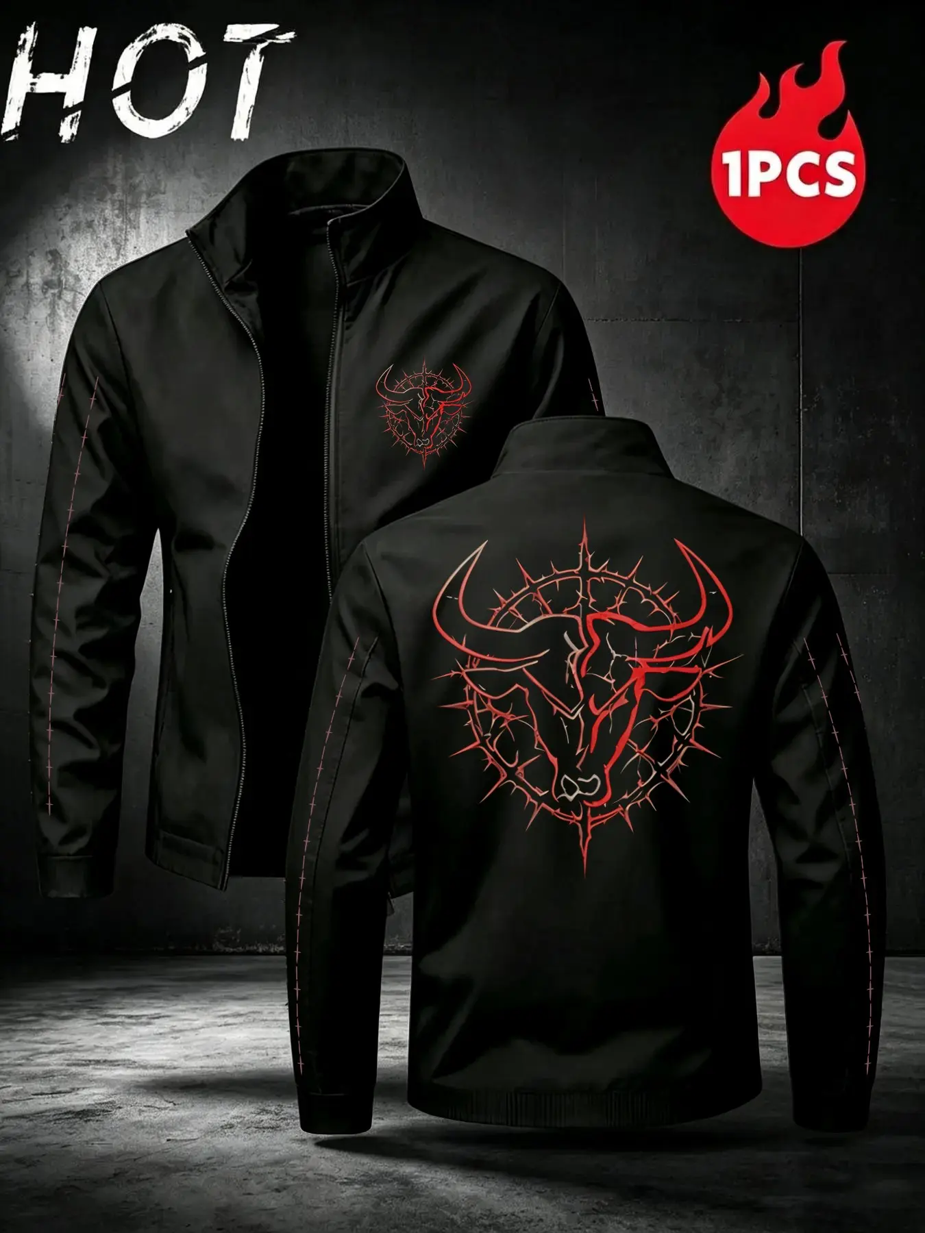 Spring Fall Men's Stand Collar Jacket, Bull Head Print, Casual Loose-Fit, Zipper Top, Fashionable Motorcycle Style, Versatile Outerwear