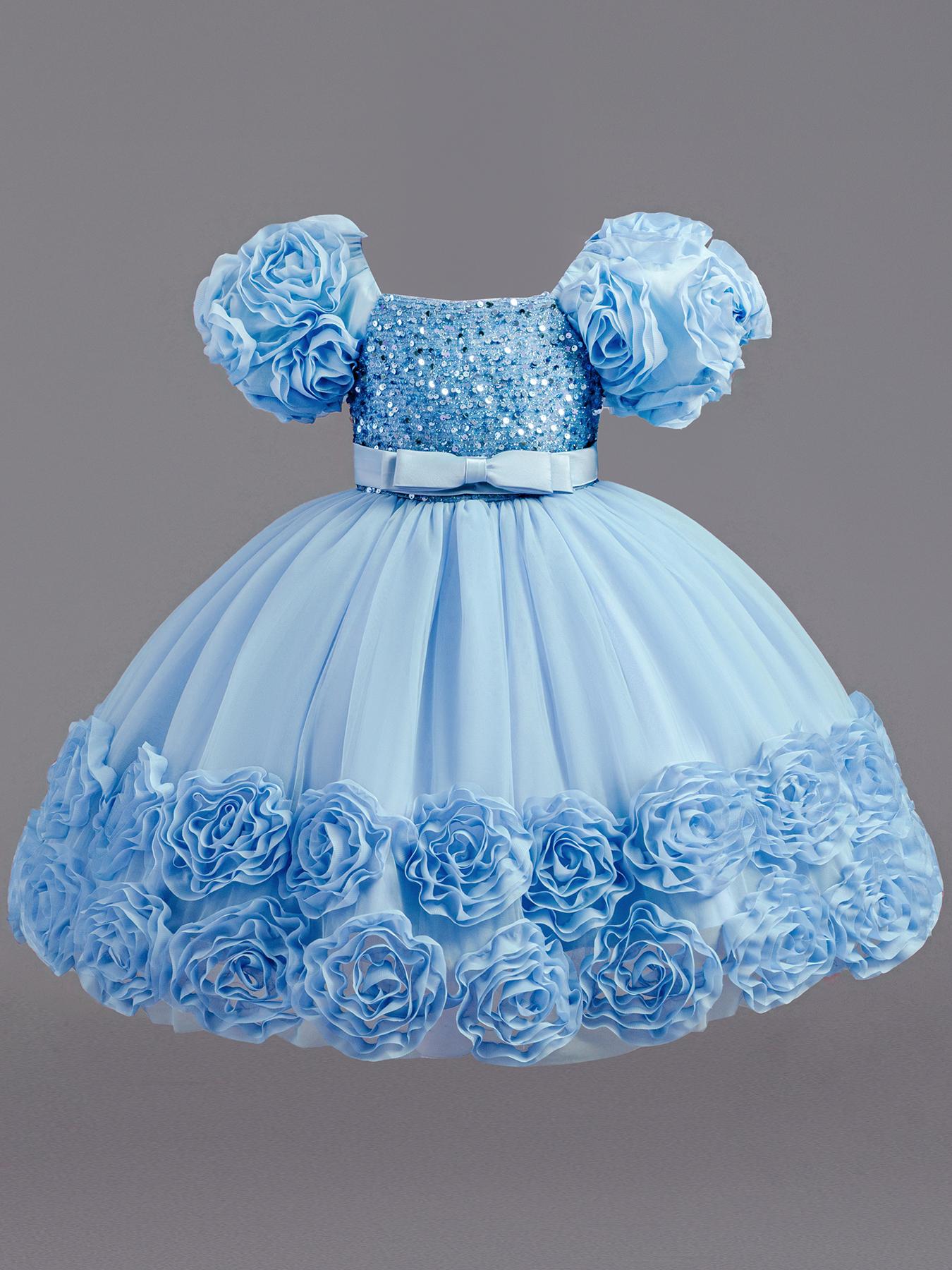Girls Short Sleeve Party Dress Floral Embroidery Puffy Tulle Bow Flower Girl Princess Gown