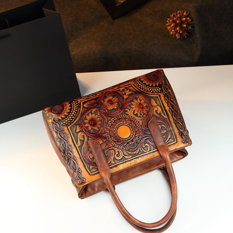 Vintage Tannery Craft Embossed Handbag, Traditional Floral Pressed Large Capacity Commuter Bag, Mom Style Shoulder Crossbody Bag