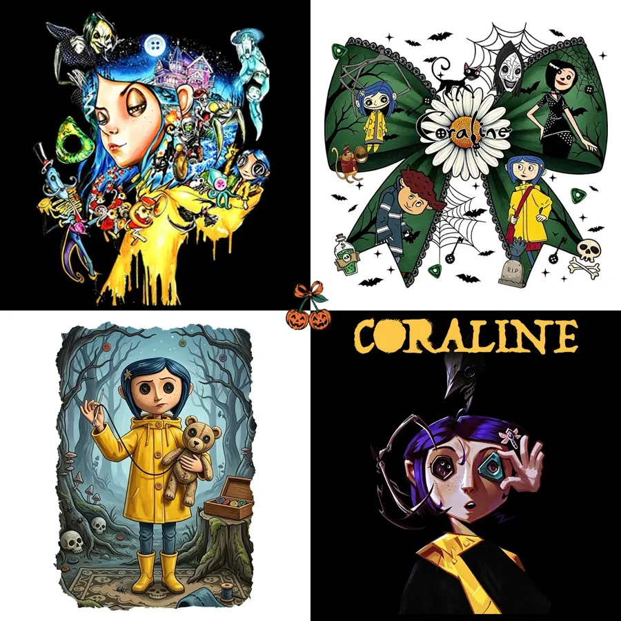 Spooky Cartoon Coraline DTF Transfer Stickers - Halloween Iron‑On DTF Film Decals, Bold Graphics, Wash Resistant, Stretch & Stay Put Sewing Accessories, DIY Craft Supplies for Custom Shirts, Streetwear