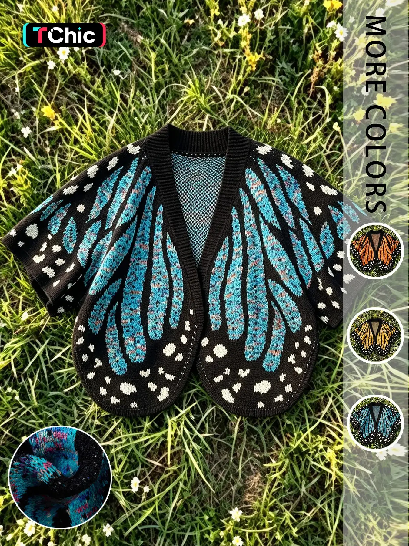 Women's Butterfly Print Open Front Short Knit Cardigan, Batwing Sleeve Boho Style Casual Fall Sweater Coat, Fashionable Outerwear for Women