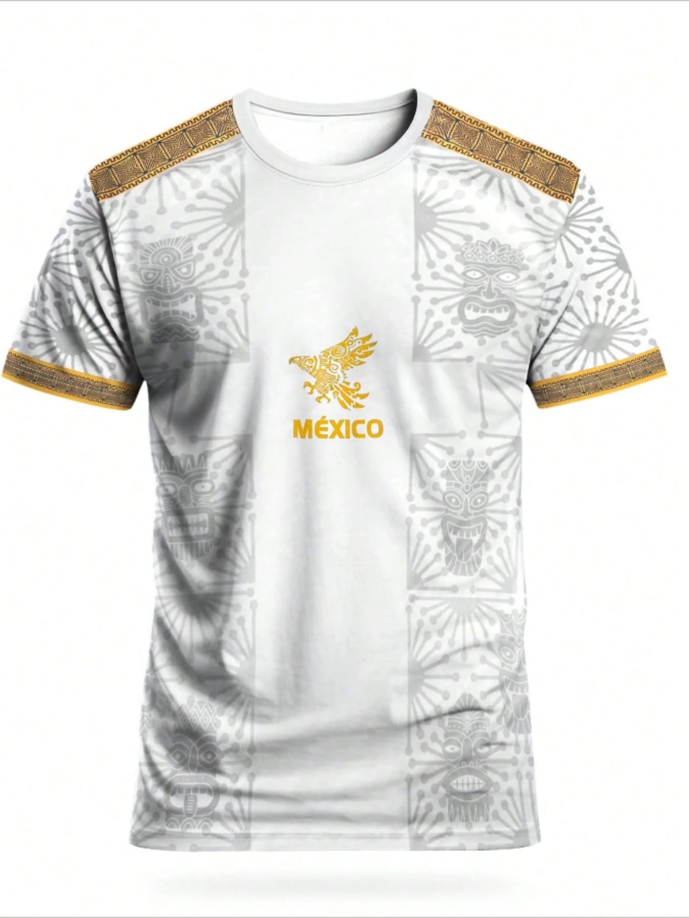 Mexican Aztec Totem Print T-Shirt, Breathable Sports Short Sleeve, Comfortable Casual Wear, Loose Top, Perfect for Gym and Daily Use