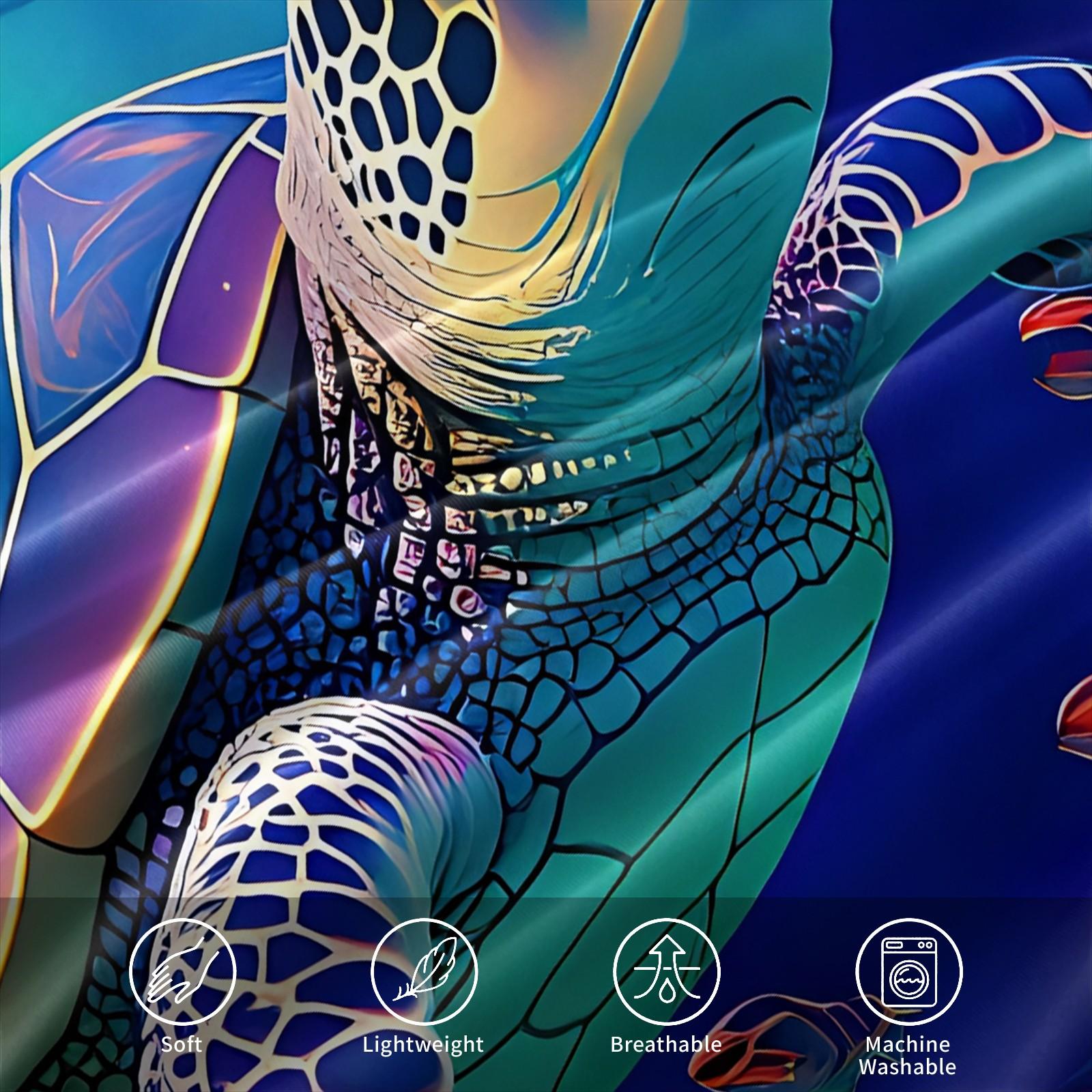 Neon Rainbow Sea Turtle Coral Underwater Ocean Duvet Cover Set, 1 Duvet Cover + 1/2 Pillowcases, Soft Skin-Friendly All Season Bedding, Perfect Sentimental Gift For Sea Turtle Lovers, Kids & Colorful Aquatic Bedroom Decor, Soft Bedding Sets