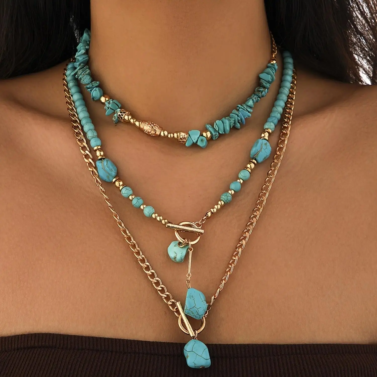 Women's 3-Piece Bohemian Turquoise Beaded Stackable Necklace Set - Lightweight Turquoise Jewelry with Beaded Chain, Layerable Vintage Accessory for Daily Wear, Leisure Occasions