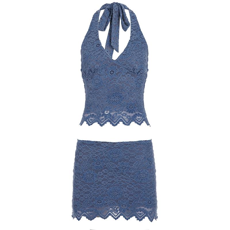 Lace Halter Top and Half Skirt Set, Matching Outfits, Sleeveless Backless Sexy Y2K Street Fashion, Spring Summer Vacation Beach for Women, Womenswear