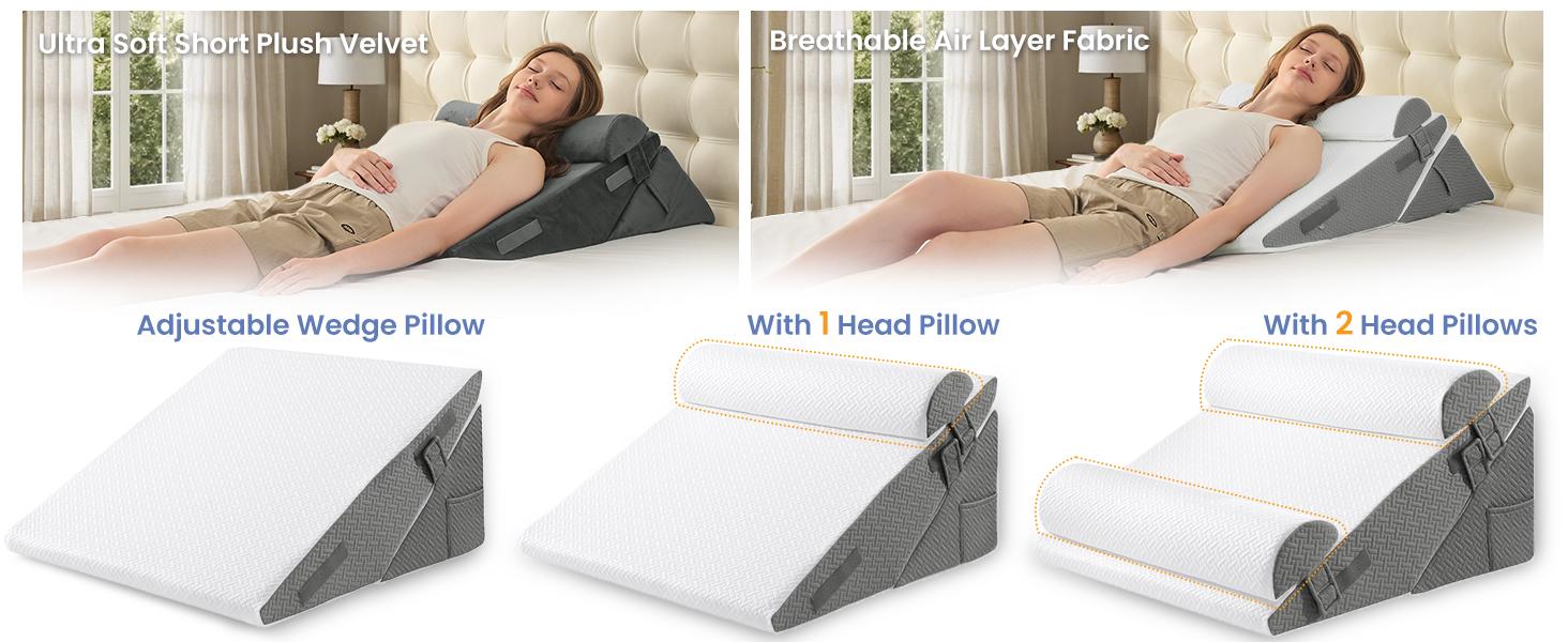 Sasttie 2PCS Adjustable Bed Wedge Pillow Set with Memory Foam Neck Rest Cushion - Supportive, Post-Surgery, Acid Reflux Use, Dark Grey & White, Set Of Two
