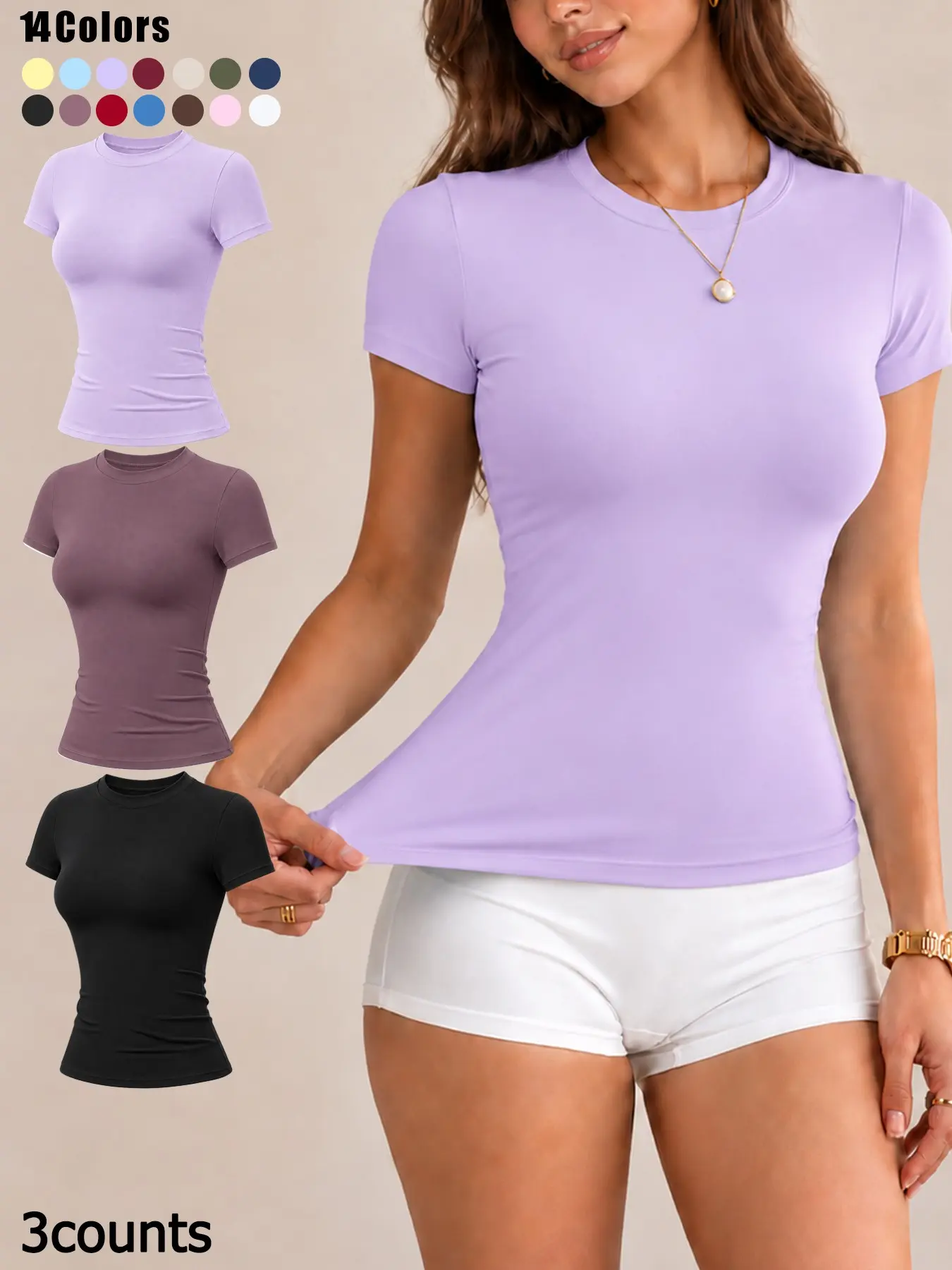 3 counts Women's Plain Short Sleeve Top, Round Neck T-Shirt, Slim Fit, Comfortable, Breathable, Quick-Dry, All Seasons, Home Wear