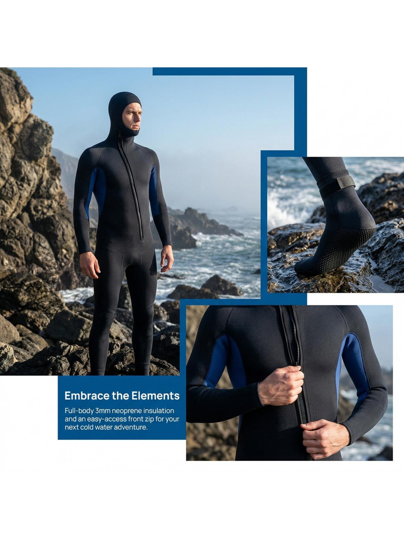 3mm Thickened Warm Wetsuit for Men, One-Piece Hooded Full Suit, Wear-Resistant Diving Suit for Surfing, Snorkeling, Freediving and Jellyfish Protection