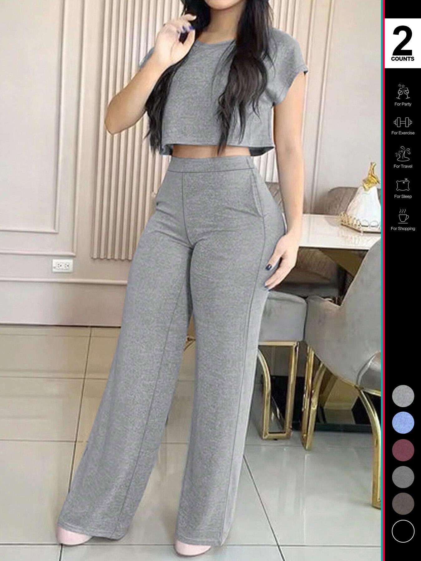 Women's Casual Elegant Solid Color Set, 2-Piece Daily Wear Clothes with Pockets, Comfortable & Stylish Design