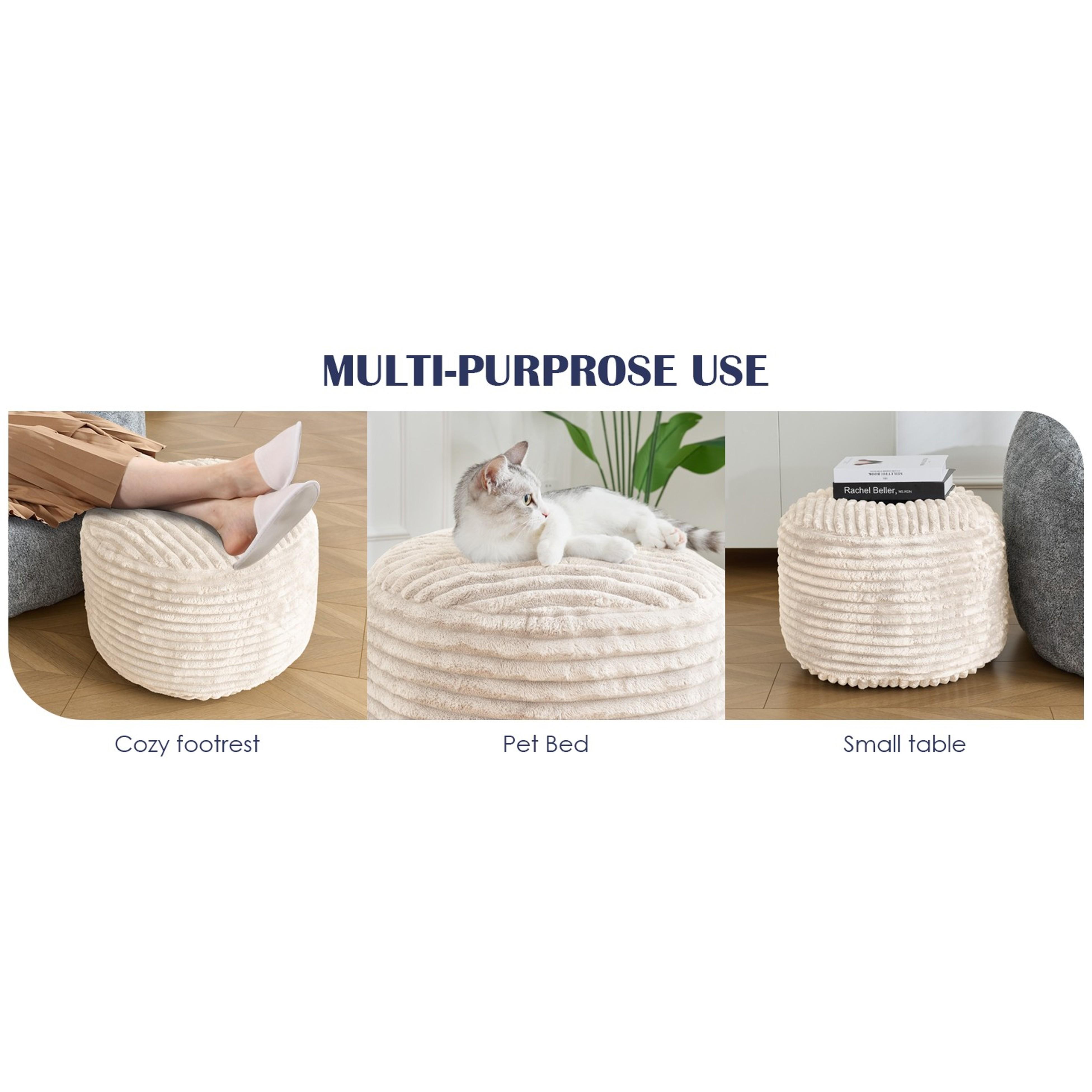 Stuffed Round Ottoman,Corduroy Pouf Ottoman Foot Rest,20 X 15 in,Beige | Memory Foam Filling,Pouf Storage Ottoman Footstool for Living Room,20 X 15 Floor Poufs for Couch,Footrest Only