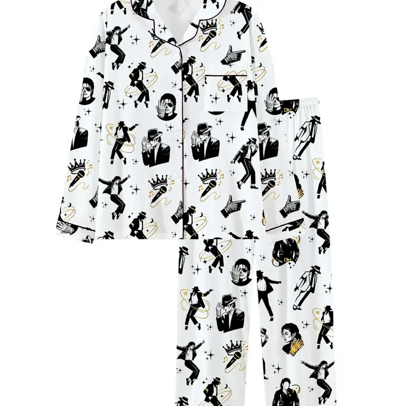 Women's Cute Retro Music Star Pajamas Set, Comfortable 2-Piece Long Sleeve Sleepwear, High-Style Party Pajamas, Fun, Printed Sleepwear Set