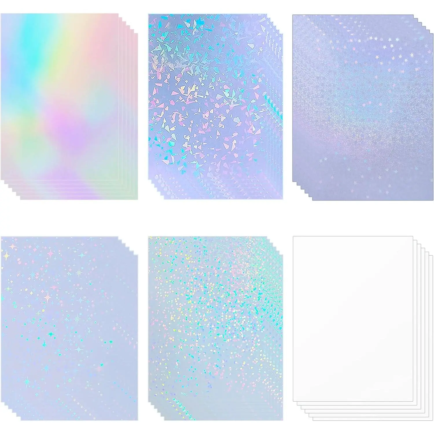 36 Sheets Holographic Sticker Paper Self-Adhesive Clear Cold Laminate Sheet | Transparent Vinyl Sticker Film 8.5" x11'' Waterproof Rainbow Overlay for Stickers, DIY Crafts, Photos with 6 Styles Mixed