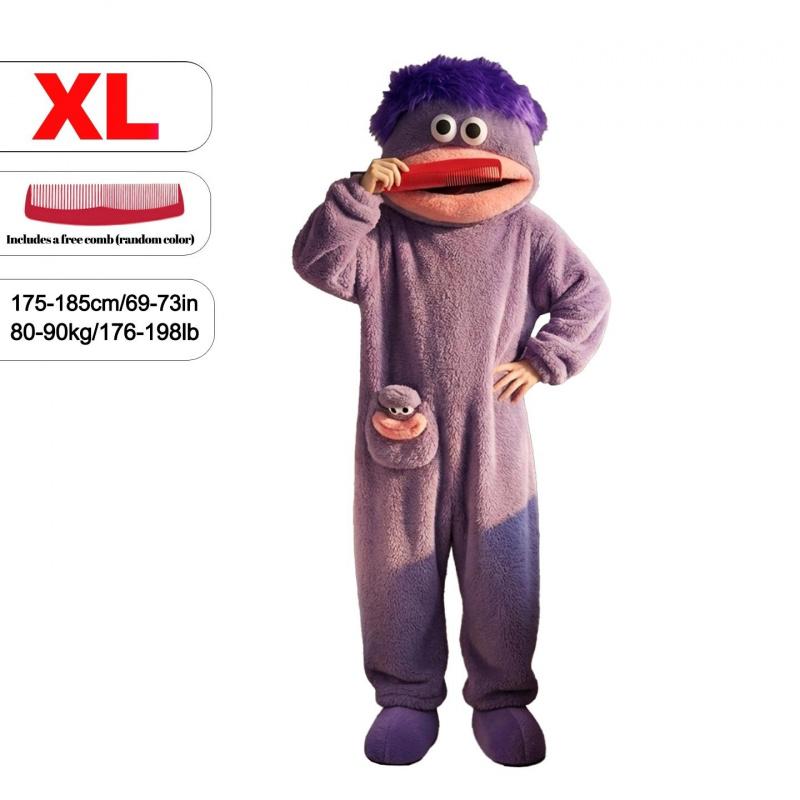 Funny Onesie Party, Comfortable Hooded Flannel Pajama Set, 3-Piece Includes Pajamas Comb Shoe Covers, Cute Monster Design