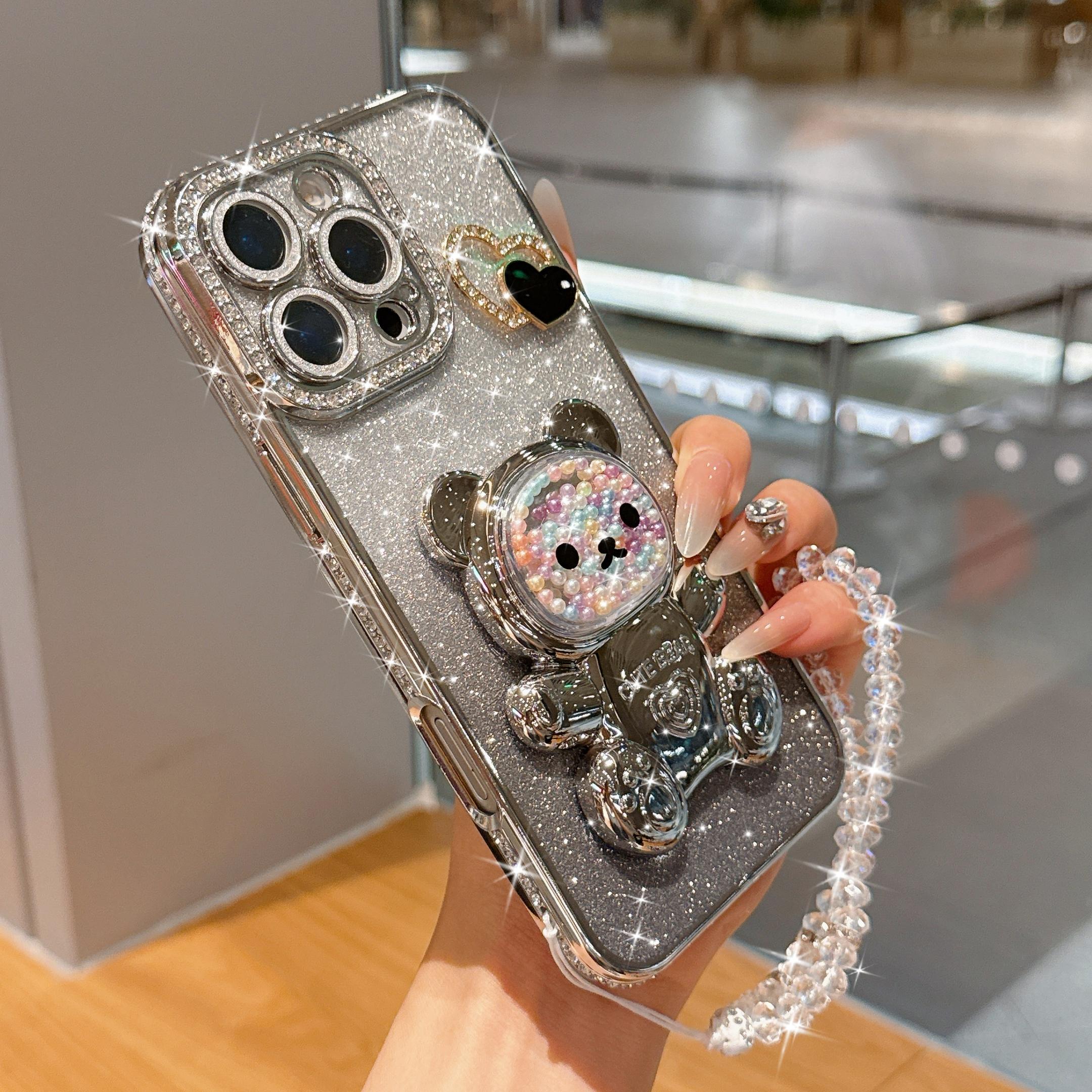 Luxury Blue Bear Stand Phone Case, Gradient Sand Anti-Drop Protection, Crystal Lanyard, Fits iPhone 17pro Max 16pro 15 14 13 12 11