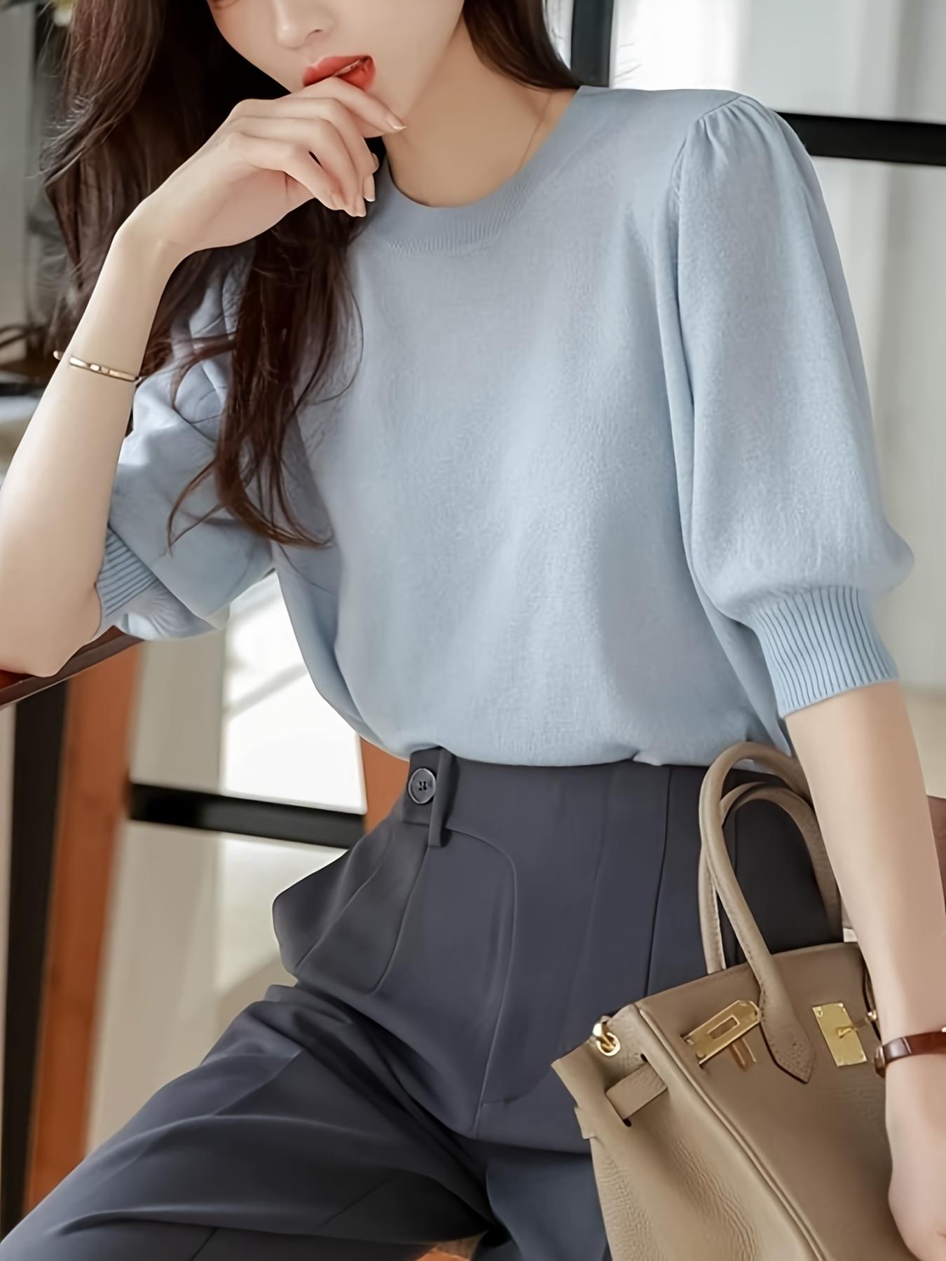 Women's Short Sleeve Bubble Hem Round Neck Top, Spring & Fall New Arrival, Casual Fashion Tee for Women, Comfortable Knitted Design