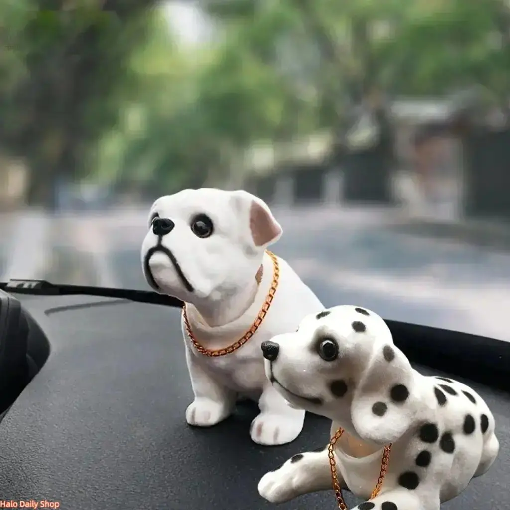 Resin Spotted Shaking-Head Puppy Bobblehead, PU Leather Car Dashboard Decoration, Stylish Fashion Accessory for Car Interiors