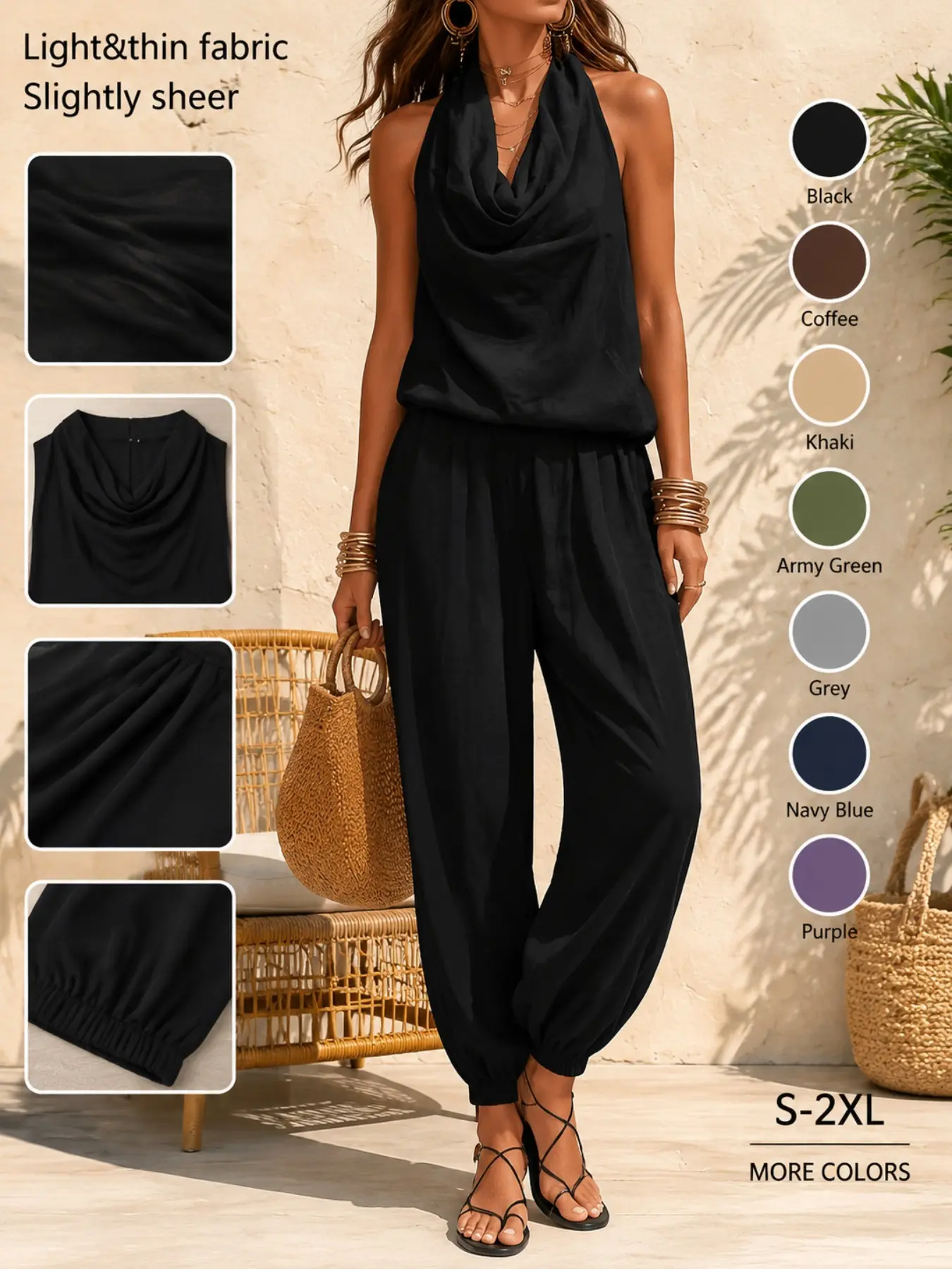 Women's Halter Neck High-Waisted Wide-Leg Pants Set, Loose Sleeveless Breathable Two-Piece, Casual Summer Fashion Top, Fit