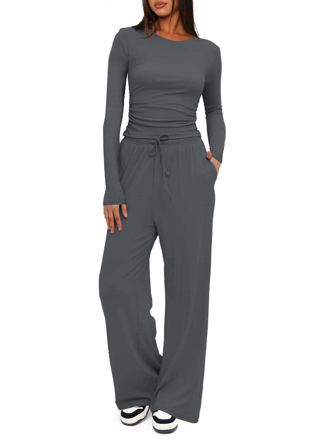 2026 Women's Solid Ruched Drawstring Loungewear Set, Casual Breathable Long Sleeve Round Neck Top & Pocket Wide Leg Trousers, Ladies Sleepwear for All Seasons Pajama Set