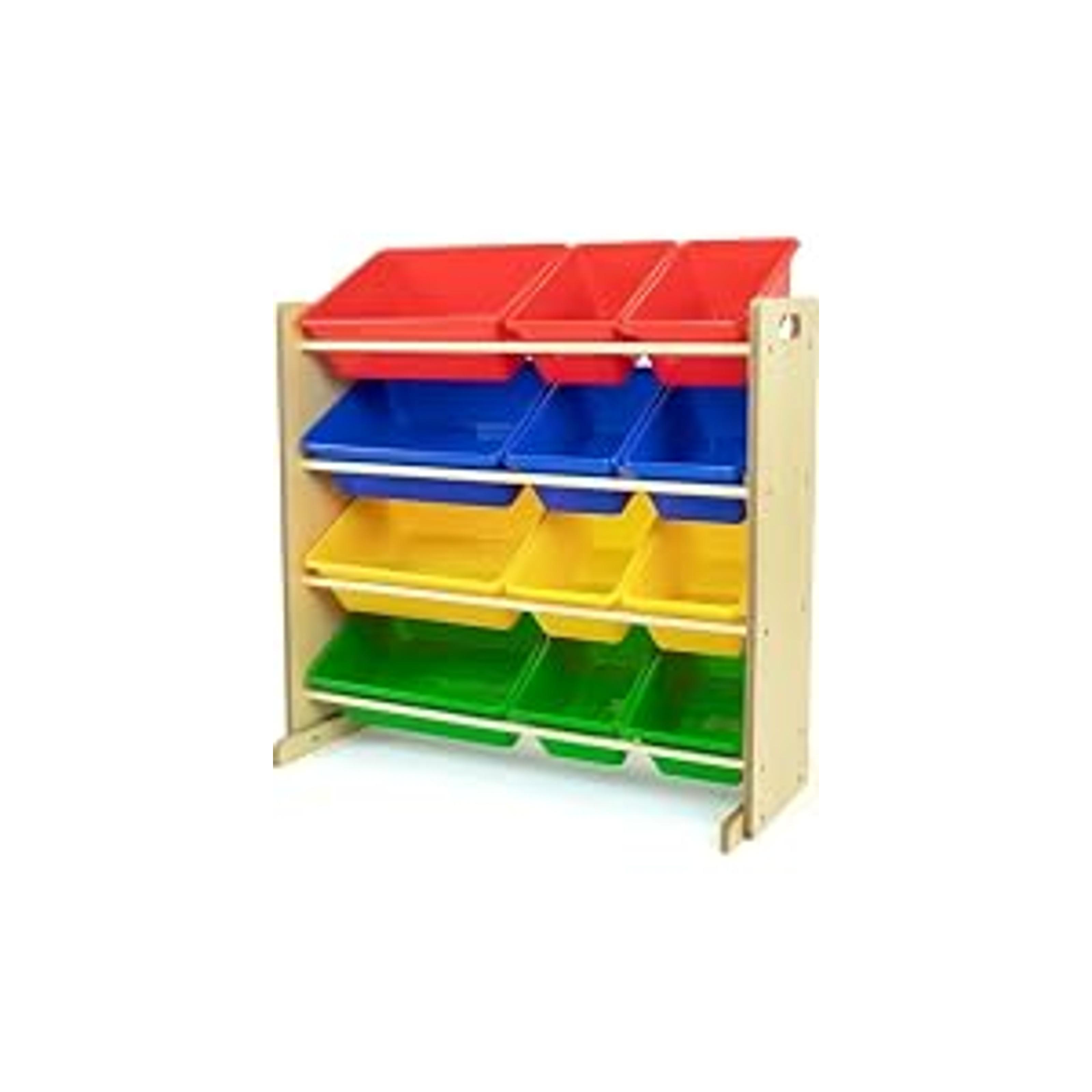 Toy Storage Organizer with 16 Removable Storage Bins for Kids Playroom, 4-Tier Toddler Toy Organization and Storage, Walnut/Primary