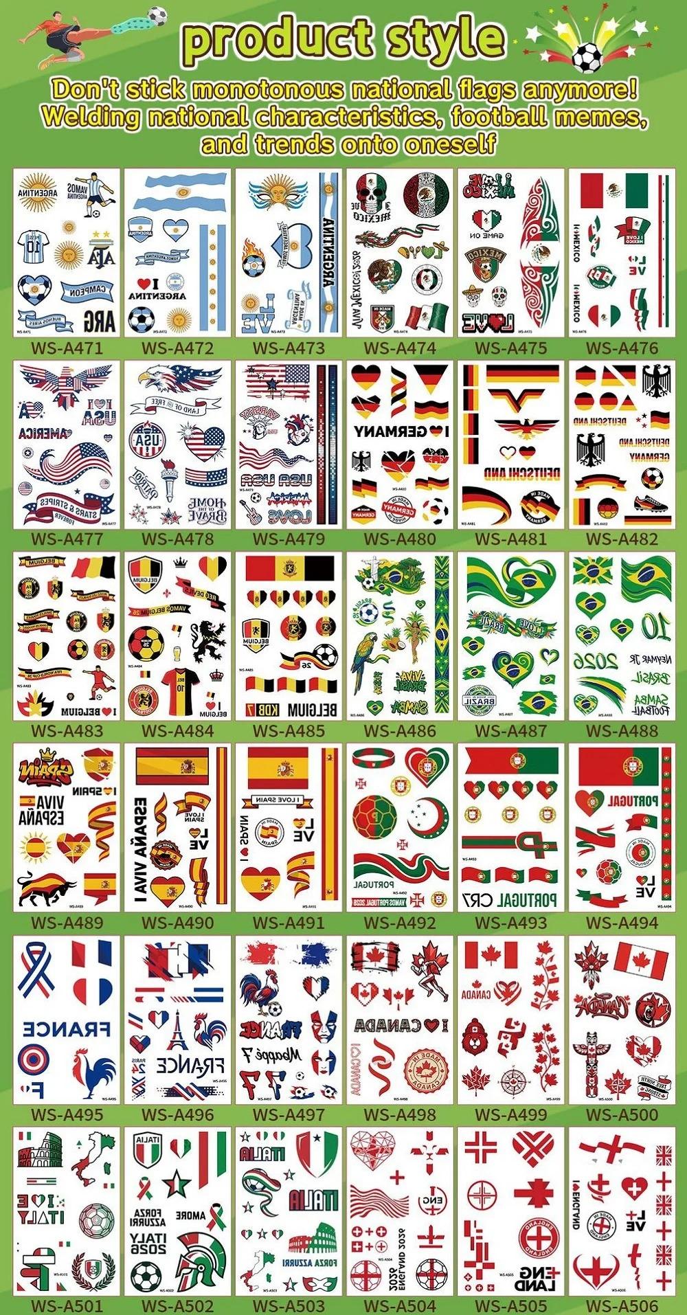World Cup National Flag Temporary Tattoos, Waterproof Country Flag Fake Tattoos for Soccer Fans, 2026 Football Match Party Favors, Spain/France/Canada/Netherlands/Mexico/Brazil Patterns