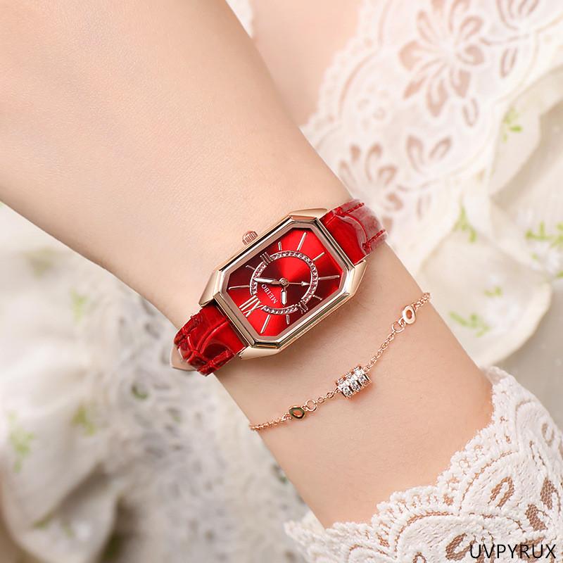 2026 Retro Square Women's Watch | Green & Red Leather Strap, Vintage Style