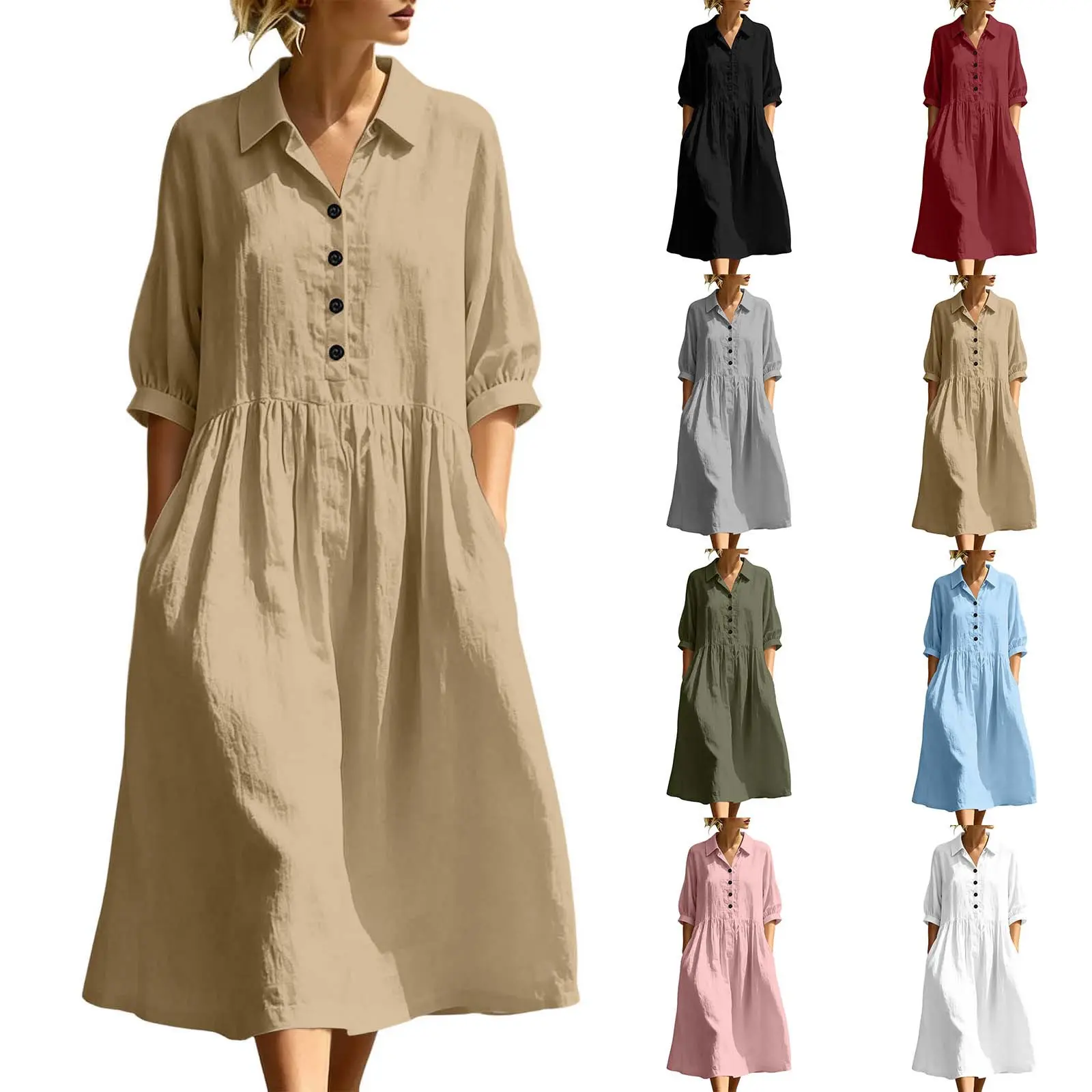 Solid Color Cotton and Linen Fashion Casual Women's Dress