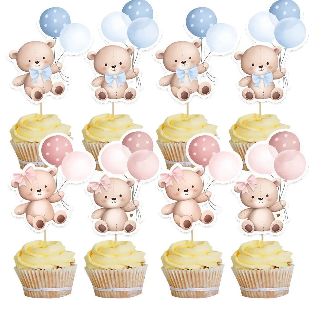 20pcs Carton Bear Paper Cupcake Toppers Balloon Bear for Baby Shower Party Kids Happy Birthday Decorations DIY Cake Decoration