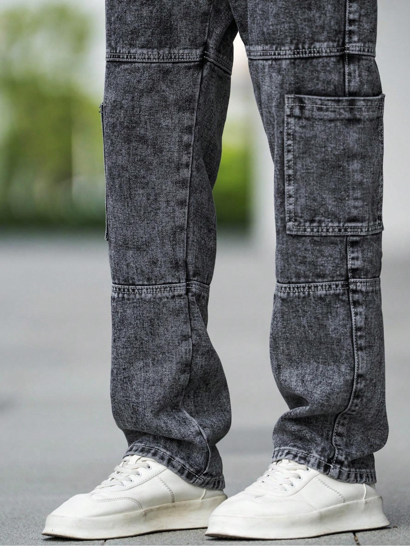 Men's Casual Loose Fit Multi-Pocket Workwear Straight Leg Denim Jeans, Deep Patchwork Street Style Long Pants, All Season Wear