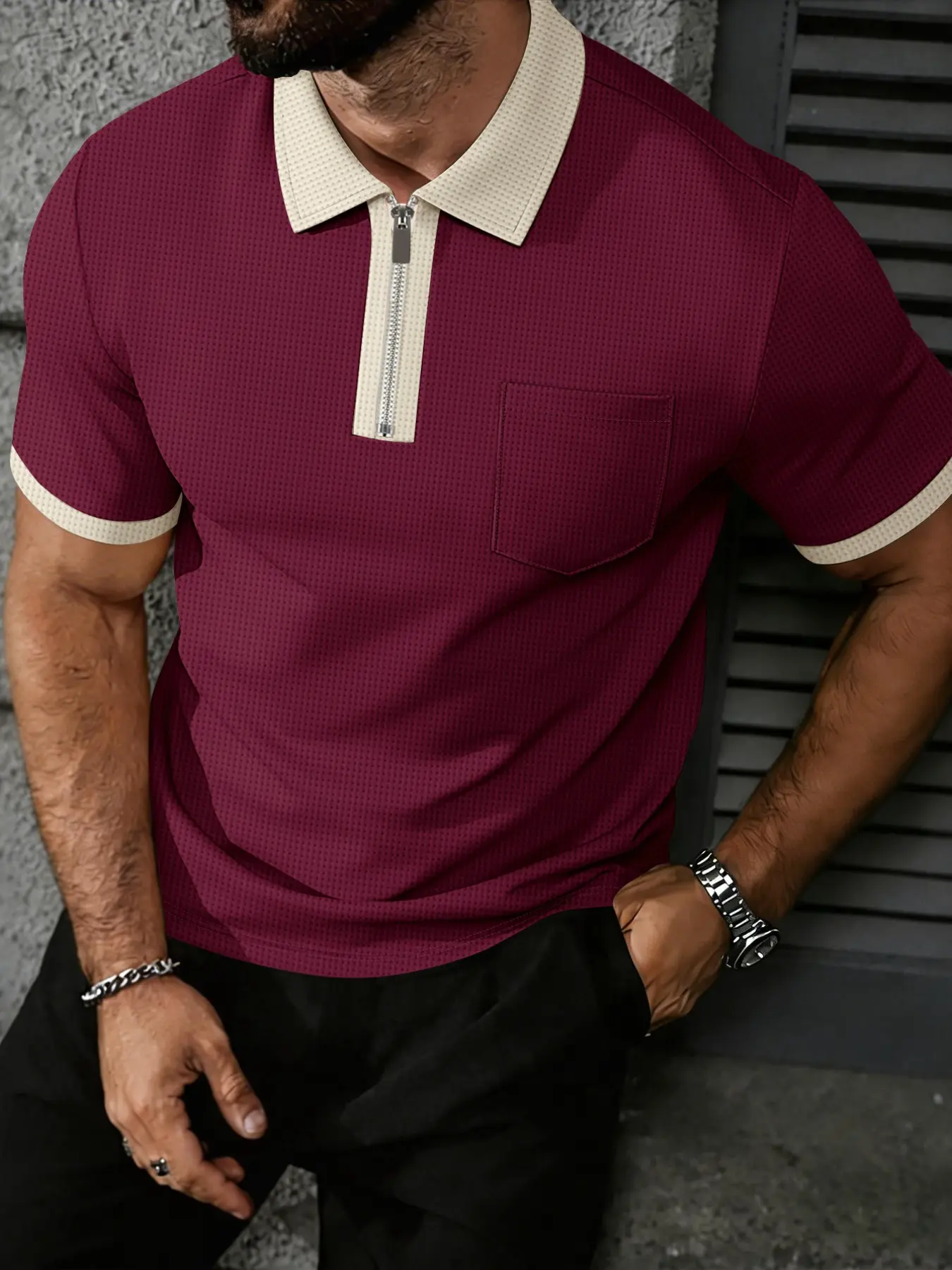 Men's Summer Polo Shirt, Breathable Honeycomb Fabric, Half-Zip Neckline, Colorblock Design, Pocket Included, Comfortable and Stylish