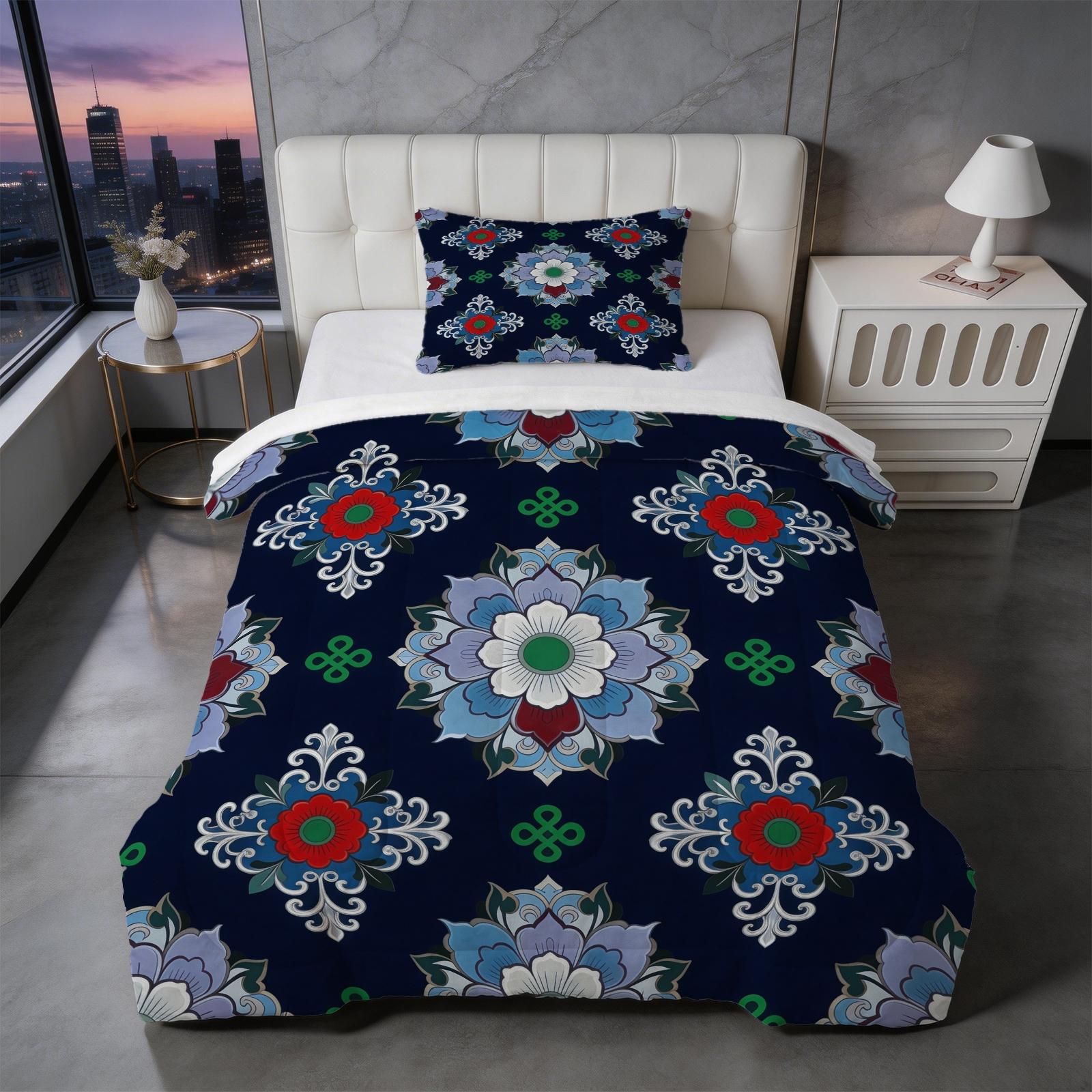2/3 Piece Vintage Floral Mandala Comforter Set, HD Digital Printed Quilt, Soft Plush Bedding Set (Pillowcases No Inserts), U-Stitched All-Season Bed Comforter for Bedroom