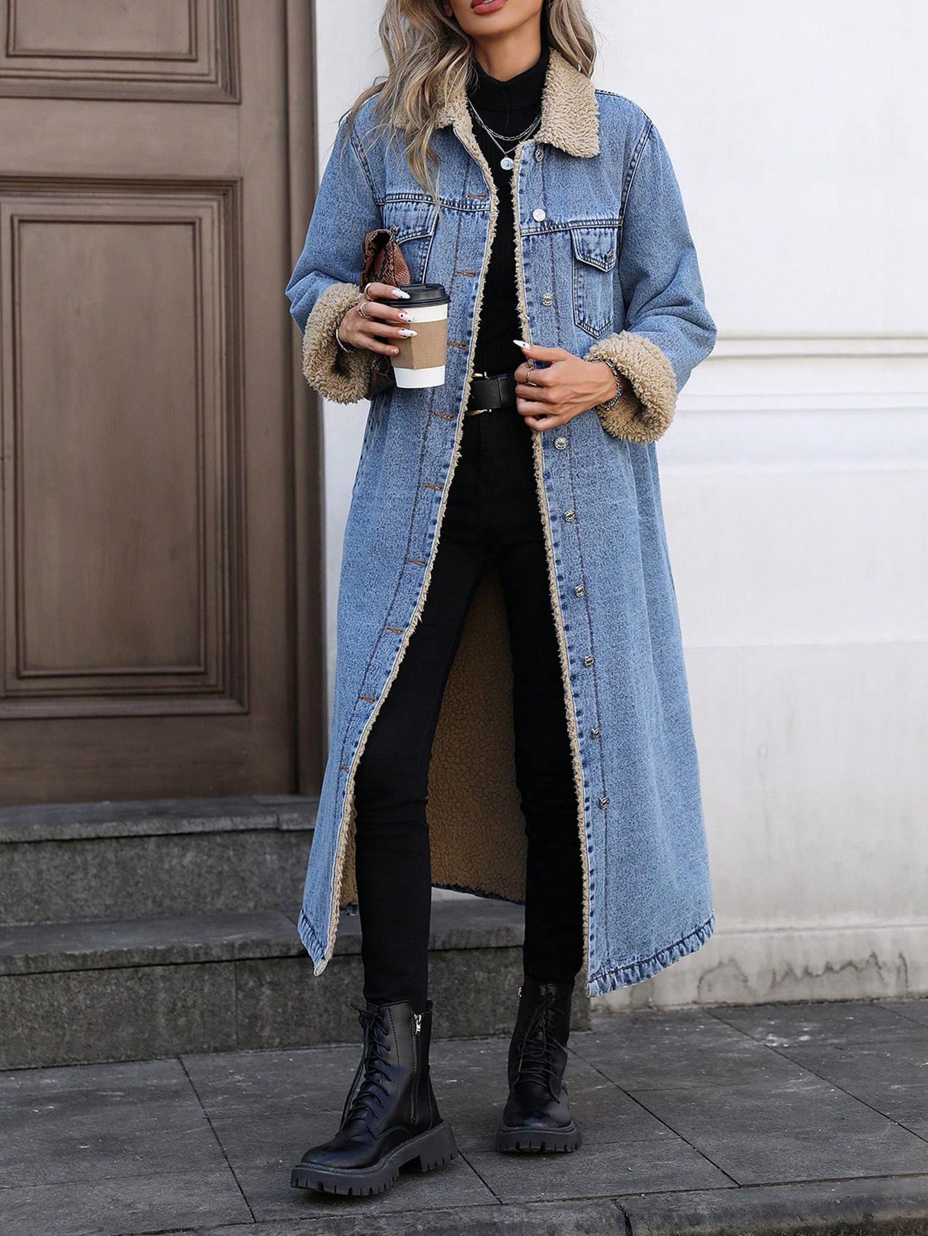 Women's Long Fleece-Lined Denim Jacket, Elegant Single-Breasted Design, Perfect For Winter, Casual