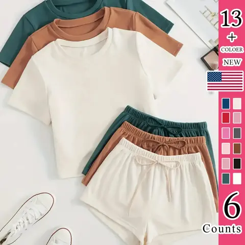 Women's Classic All-Season Pajama Set, Comfortable Round-Neck Short-Sleeve Fitted Top & Elastic Shorts, Solid Color Nightwear, Casual Home Wear, Loungewear Pjs