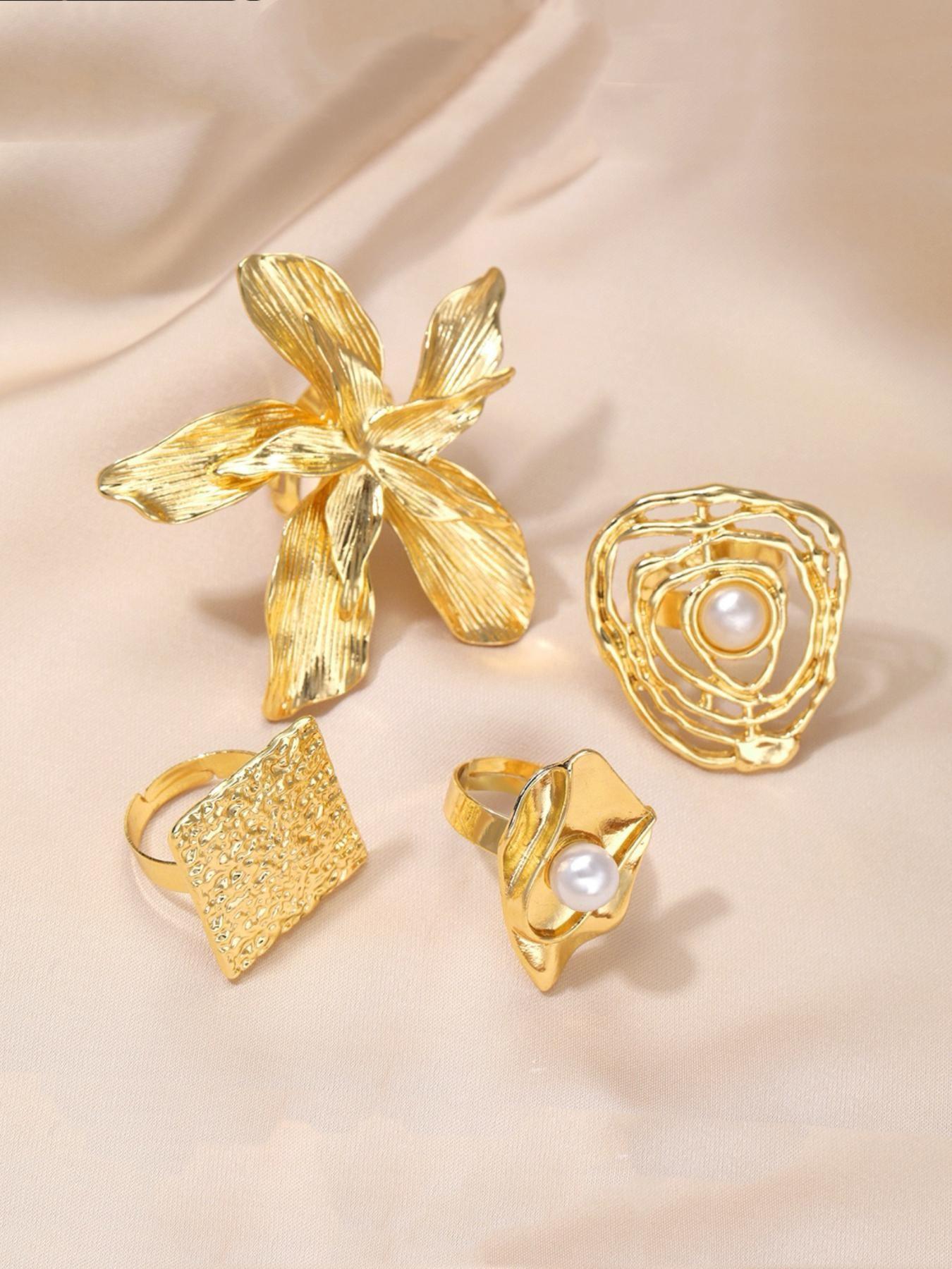 Elegant Floral Faux Pearl Ring Set, Fashionable Jewelry, Beautiful Rings, Zinc Alloy Wide Band Women's Rings, Knuckle Rings Set, All Season Jewelry Gift, Party and Birthday