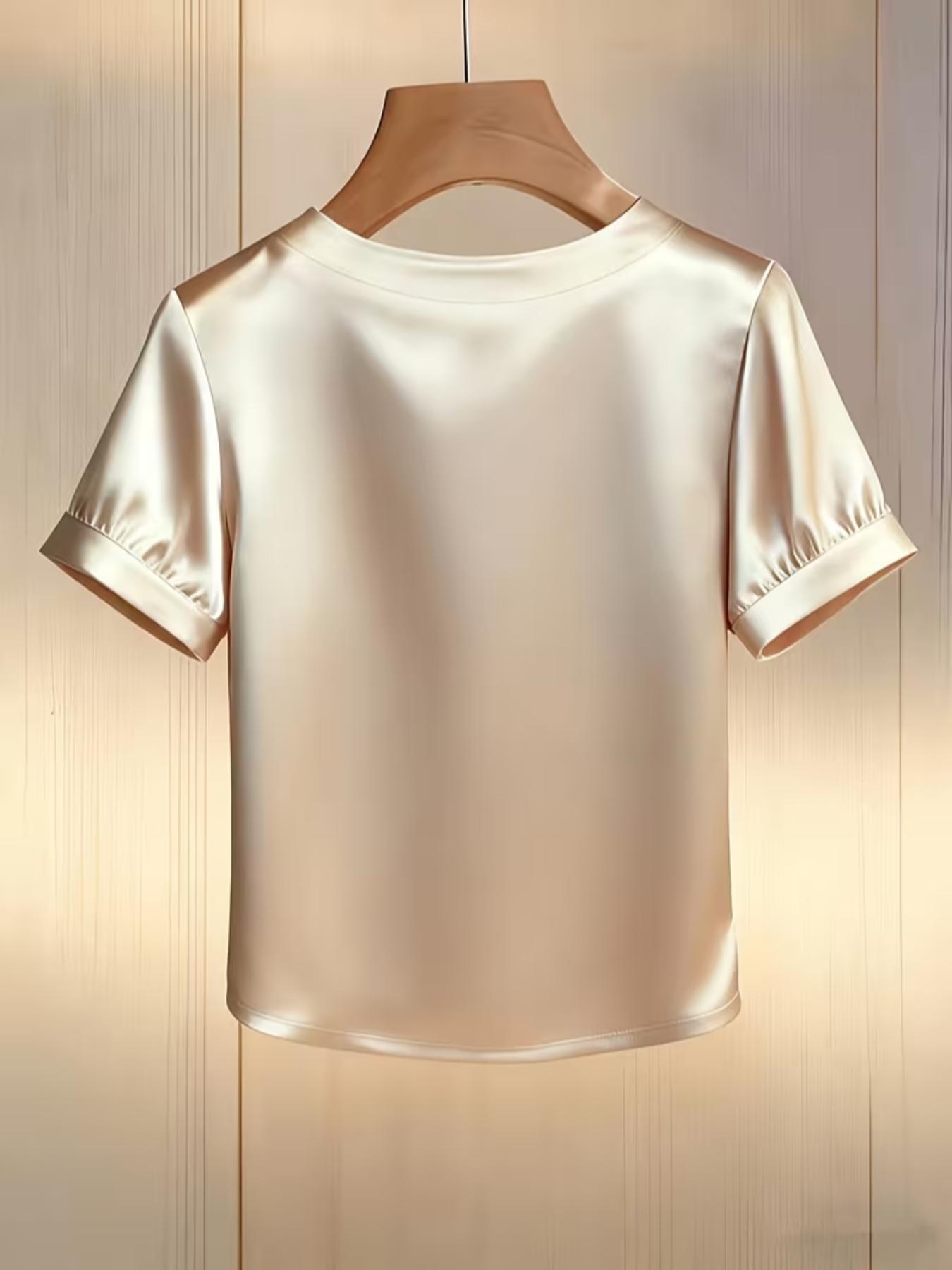 Women's Fashion Pearl Round Neck Solid Color Short Sleeve Fitted T-Shirt Top, Casual Summer Wear, Stylish Ladies' Clothing