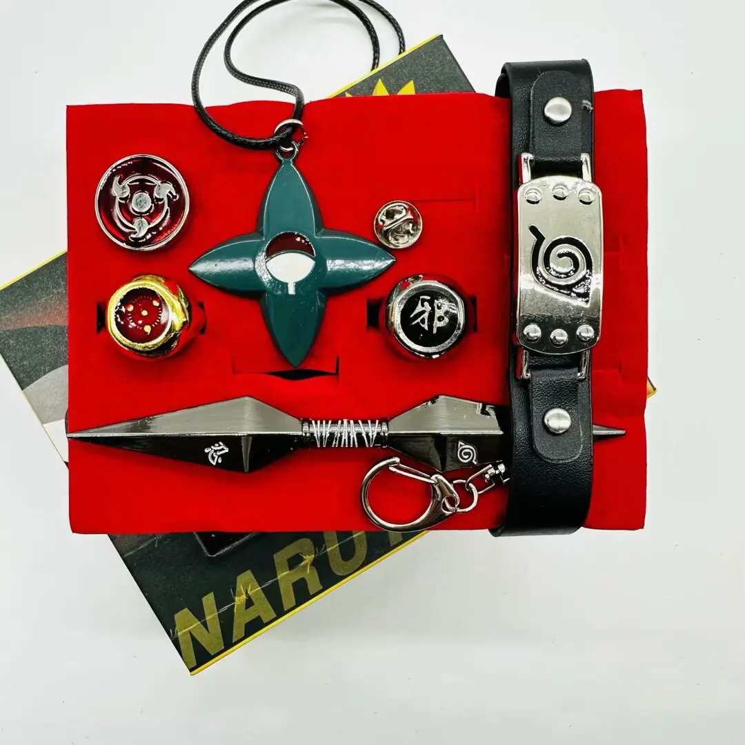 Anime Naruto Complete Cosplay Accessory Set Leaf Village Headband Double End Kunai Shuriken Uchiha Pendant Sharingan Akatsuki Metal Rings Boxed Collection Shinobi Prop Birthday Gift For Anime Fans