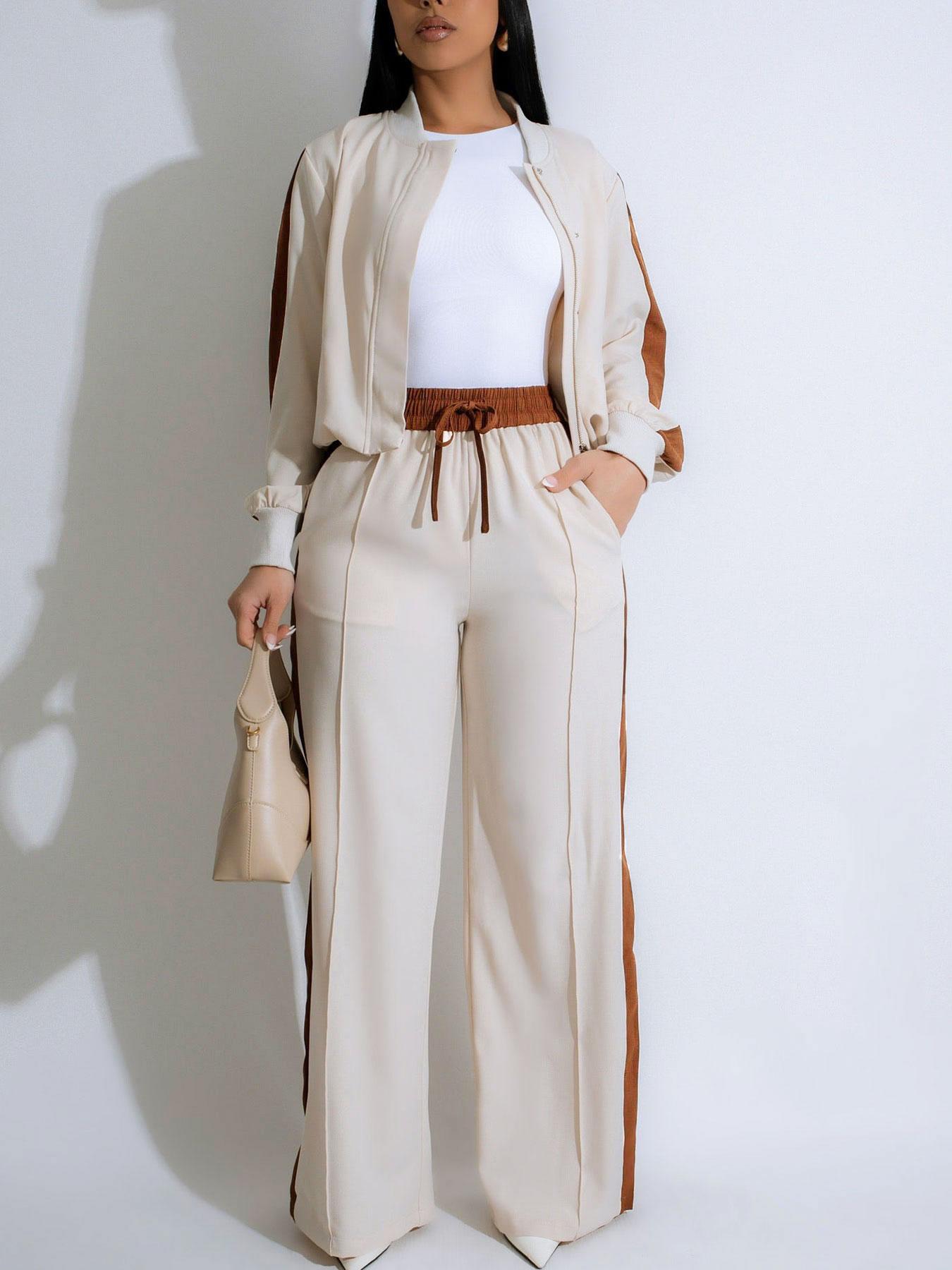 Women's 2-Piece Colorblock Fitted Zipper Jacket & Wide-Leg Pants Set, Casual Streetwear, Daily Commute Fashion, Trendy Women's Clothing