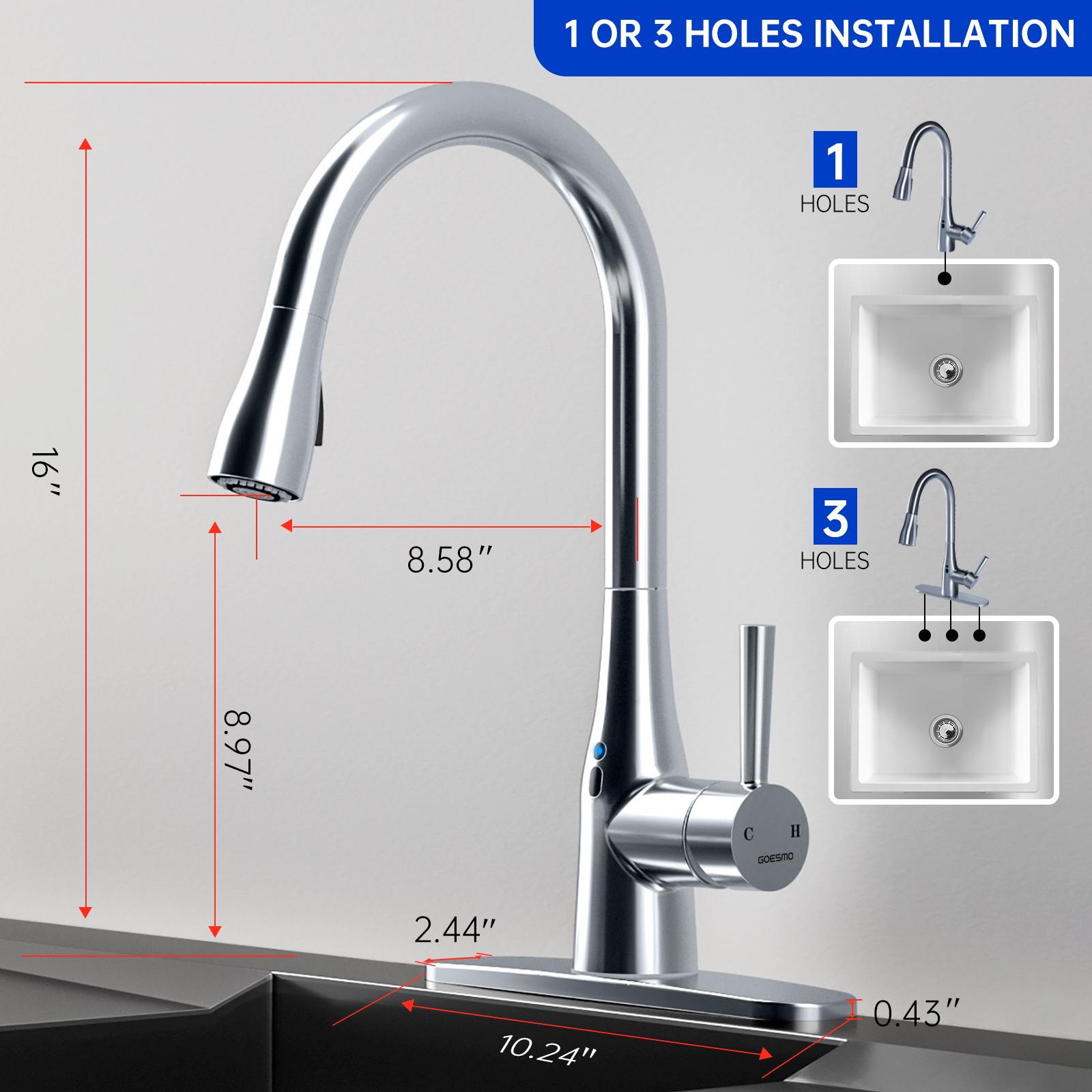 Touchless Kitchen Faucet with Pull Down Sprayer, Adjustable Water Flow, 270° Handle Rotation, Motion Sensor, 1 or 3 Hole Sink