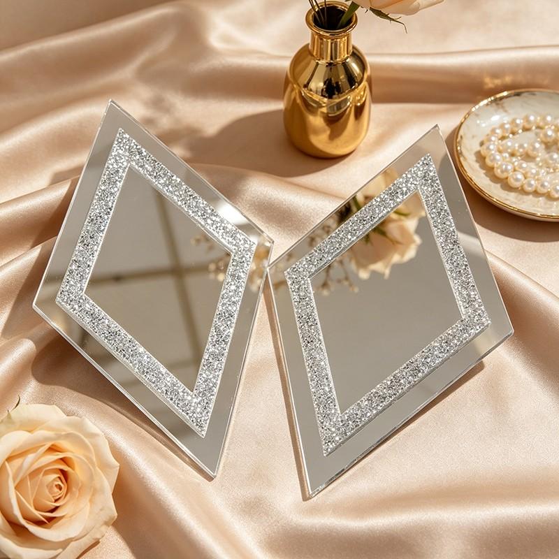 Silver diamond-shaped wall mirror, wall mounted mirror, decorative crystal-studded mirror, suitable for bedrooms, living rooms, and hallways, home decor