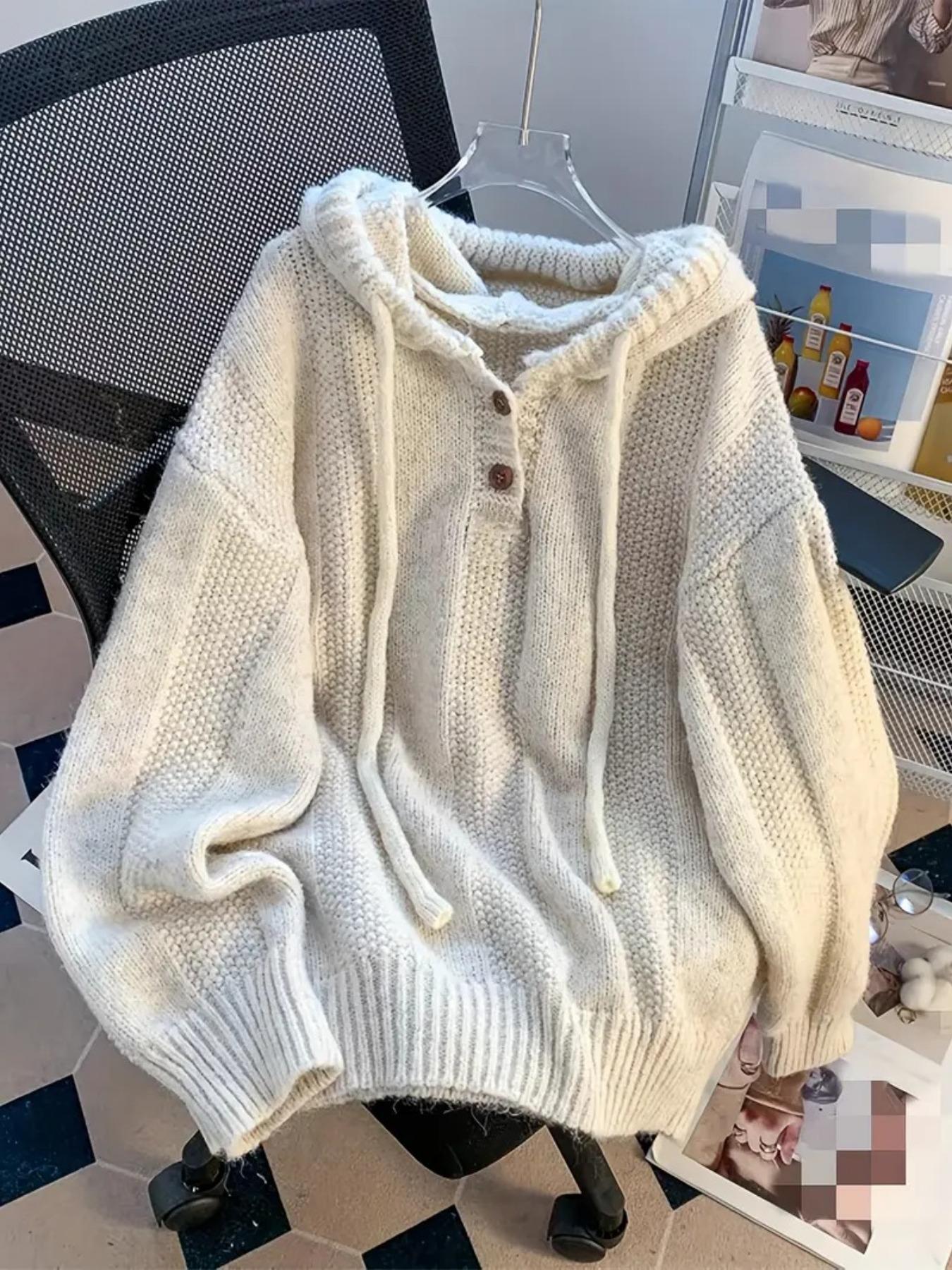 Women's Oversized Loose Baggy Hooded Button-Up Pullover Sweater, Adjustable Drawstring Long Sleeve Chunky Knit Jumper, Warm Cozy Solid Color Top for Autumn and Winter
