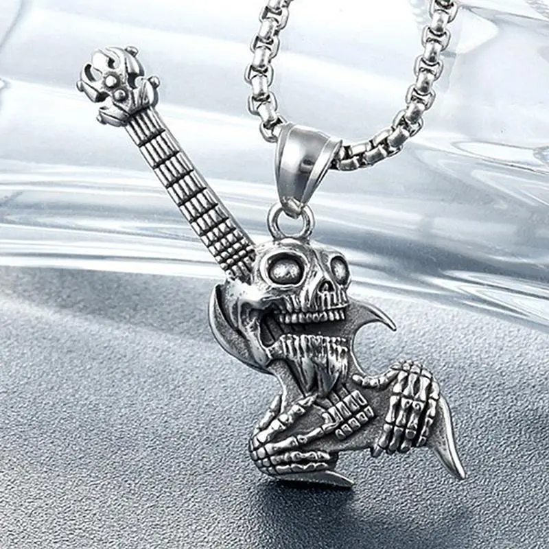 Hip Hop Rock Skeleton Men Guitar Instrument Pendant Necklace Retro Punk Silver Color Stainless Steel Chain Neck Jewelry Gifts